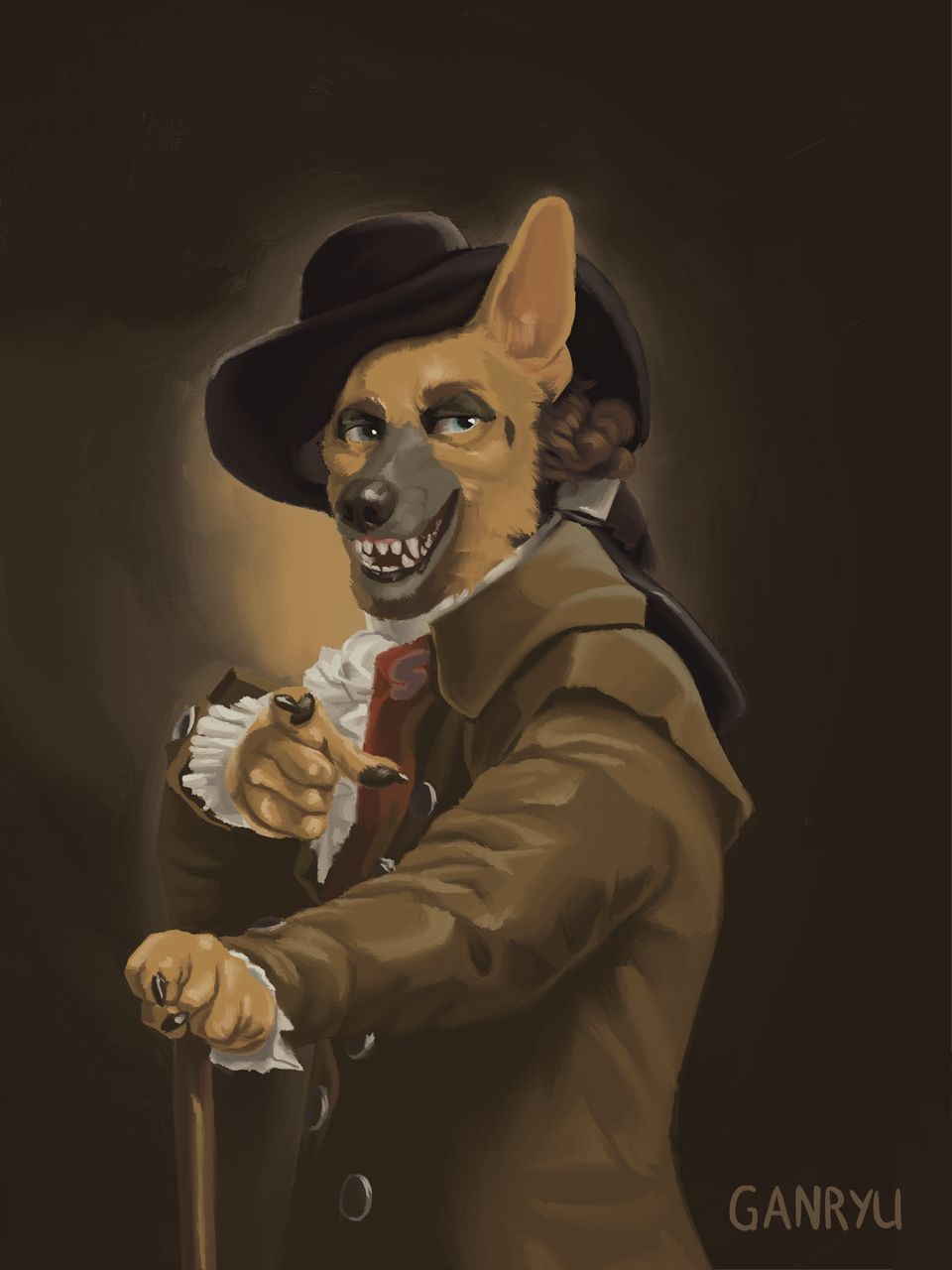 anthro brown_background brown_body brown_fur brown_hair cane canid canine canis claws clothed clothing coat domestic_dog duo fur ganryu german_shepherd gesture hair hat headgear headwear herding_dog hi_res inspired_by_formal_art joseph_ducreux looking_at_viewer male mammal meme pastoral_dog pointing sharp_teeth signature simple_background smile teeth topwear