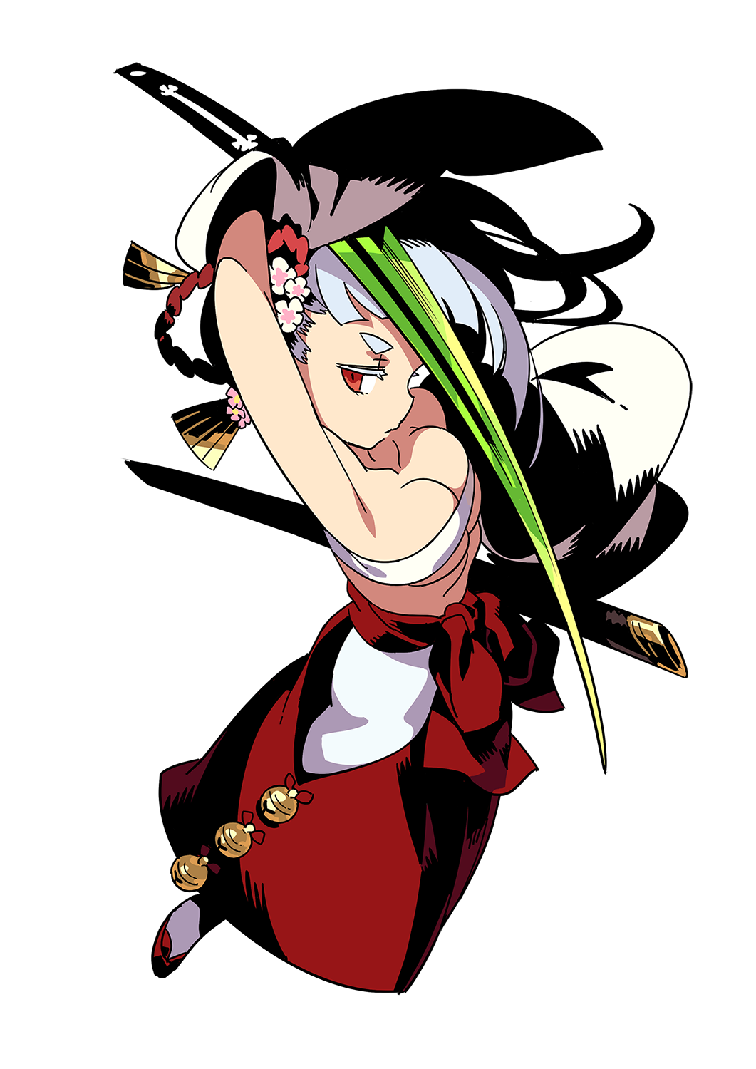 1girl bare_shoulders bell breasts bushidou_(sekaiju) bushidou_5_(sekaiju) chest_sarashi expressionless flower full_body hair_flower hair_ornament hakama hakama_skirt highres himukai_yuuji hip_vent holding holding_sword holding_weapon japanese_clothes jingle_bell long_hair looking_at_viewer medium_breasts official_art orange_eyes profile red_hakama sarashi sekaiju_no_meikyuu sekaiju_no_meikyuu_1 sekaiju_no_meikyuu_hd sheath skirt solo sword weapon white_hair