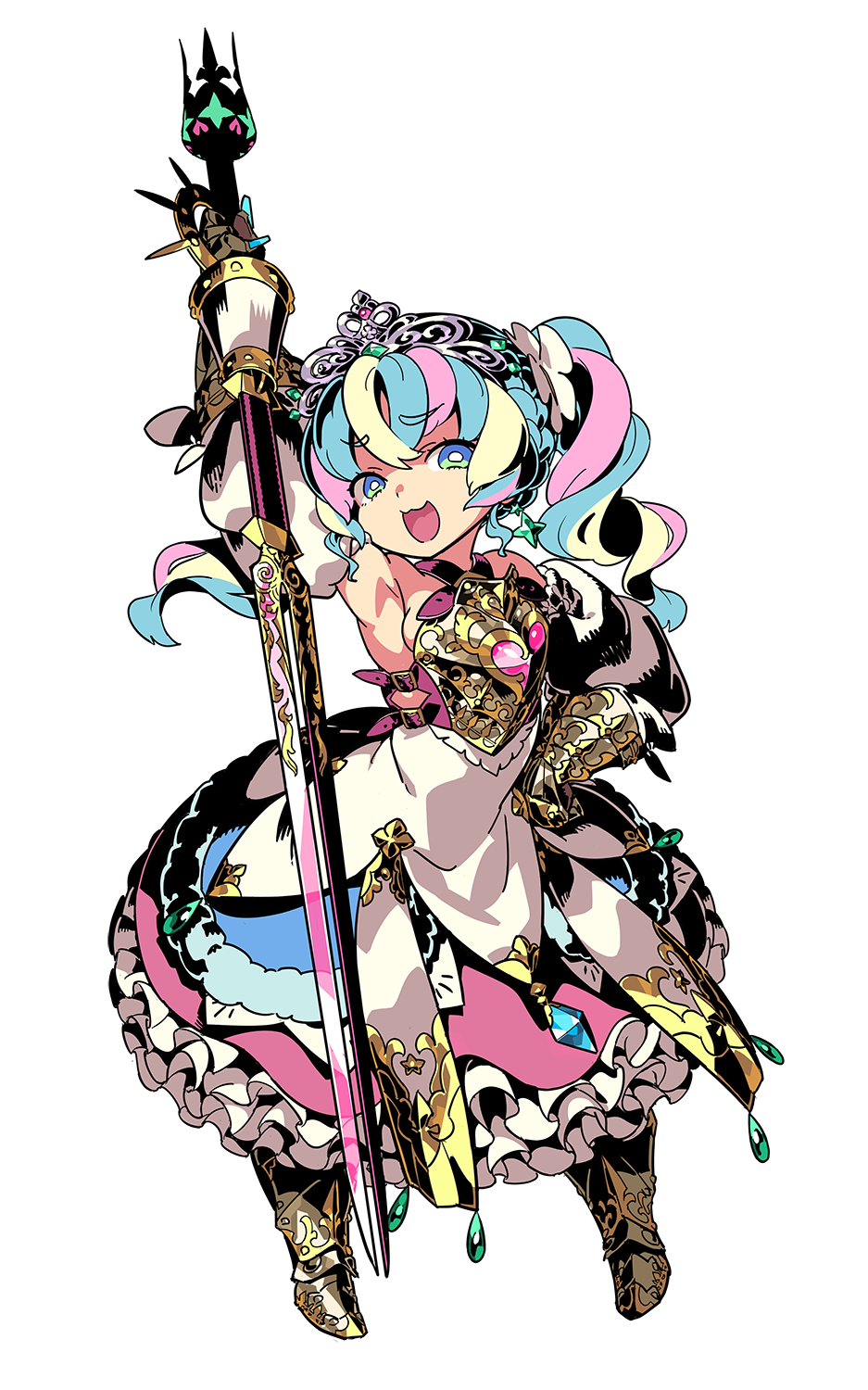 1girl :3 arm_up armor armored_dress armpits bare_shoulders blonde_hair blue_eyes blue_hair breasts crown detached_sleeves dress drill_hair frilled_dress frills full_body gauntlets gold_trim greaves highres himukai_yuuji holding holding_sword holding_weapon looking_at_viewer multicolored_clothes multicolored_dress multicolored_hair official_art open_mouth pink_hair princess_(sekaiju) princess_5_(sekaiju) second-party_source sekaiju_no_meikyuu sekaiju_no_meikyuu_3 sekaiju_no_meikyuu_hd sleeveless sleeveless_dress small_breasts smile smug solo sword twin_drills twintails weapon