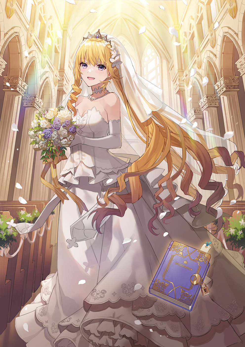 1girl :d bare_shoulders blonde_hair blush book bookmark bouquet breasts bride church cleavage column crescent dress drill_hair earrings eihi elbow_gloves flower gem gloves hair_flower hair_ornament happy highres holding holding_bouquet jewelry lieselotte_riefenstahl lock long_hair looking_at_viewer necklace padlock petals pew pillar purple_eyes purple_gemstone single_sidelock smile solo standing tiara tsundere_akuyaku_reijou_lieselotte_to_jikkyou_no_endou-kun_to_kaisetsu_no_kobayashi-san very_long_hair wedding wedding_dress white_dress white_gloves