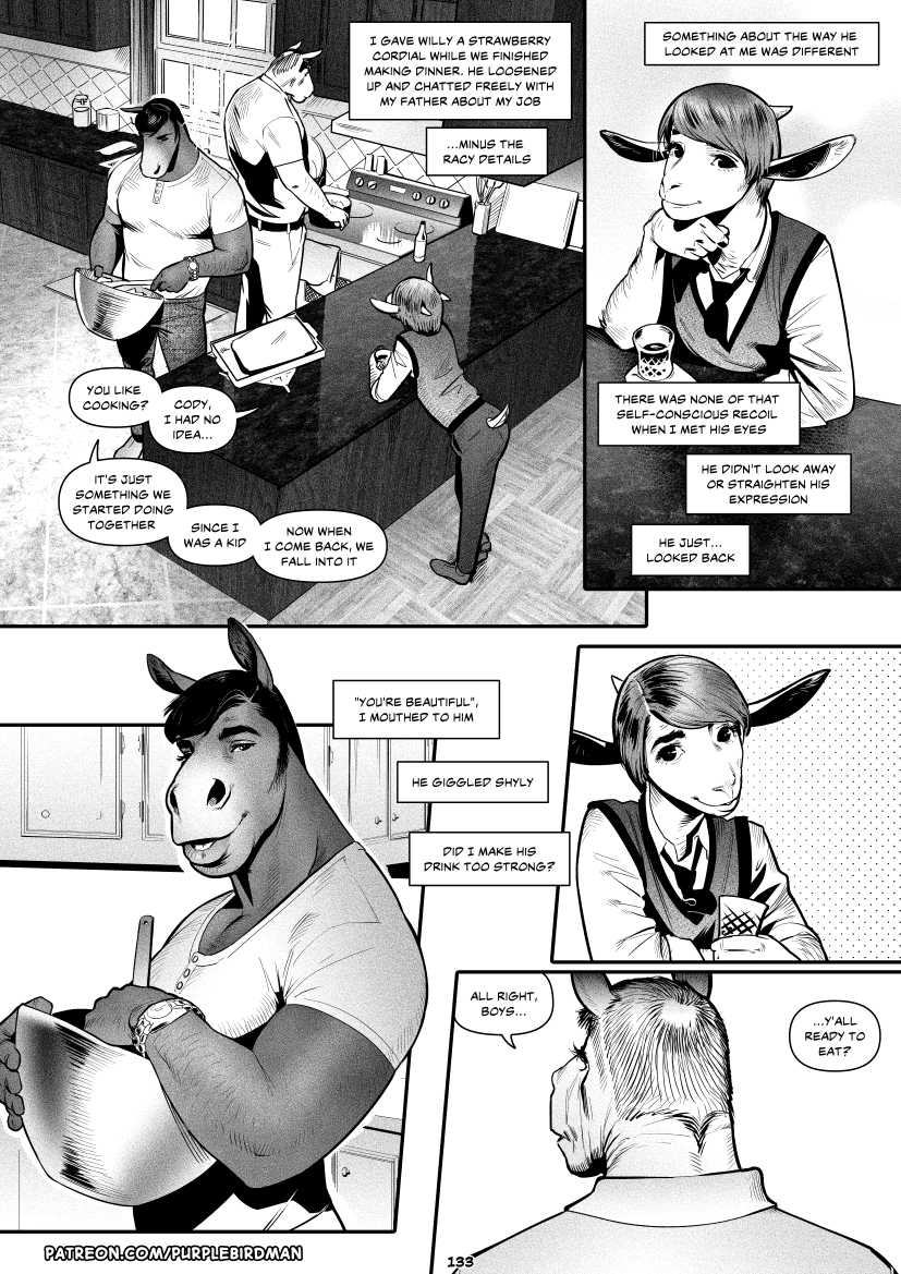 anthro appliance black_and_white bottomwear bovid bowl caprine clock clothed clothing cody_(falcon_mccooper) comic container cooking dialogue english_text equid equine falcon_mccooper father father_and_child father_and_son goat group holding_glass holding_object horn horse kitchen male mammal monochrome pants parent parent_and_child son speech_bubble stove text watch william_(falcon_mccooper) wristwatch