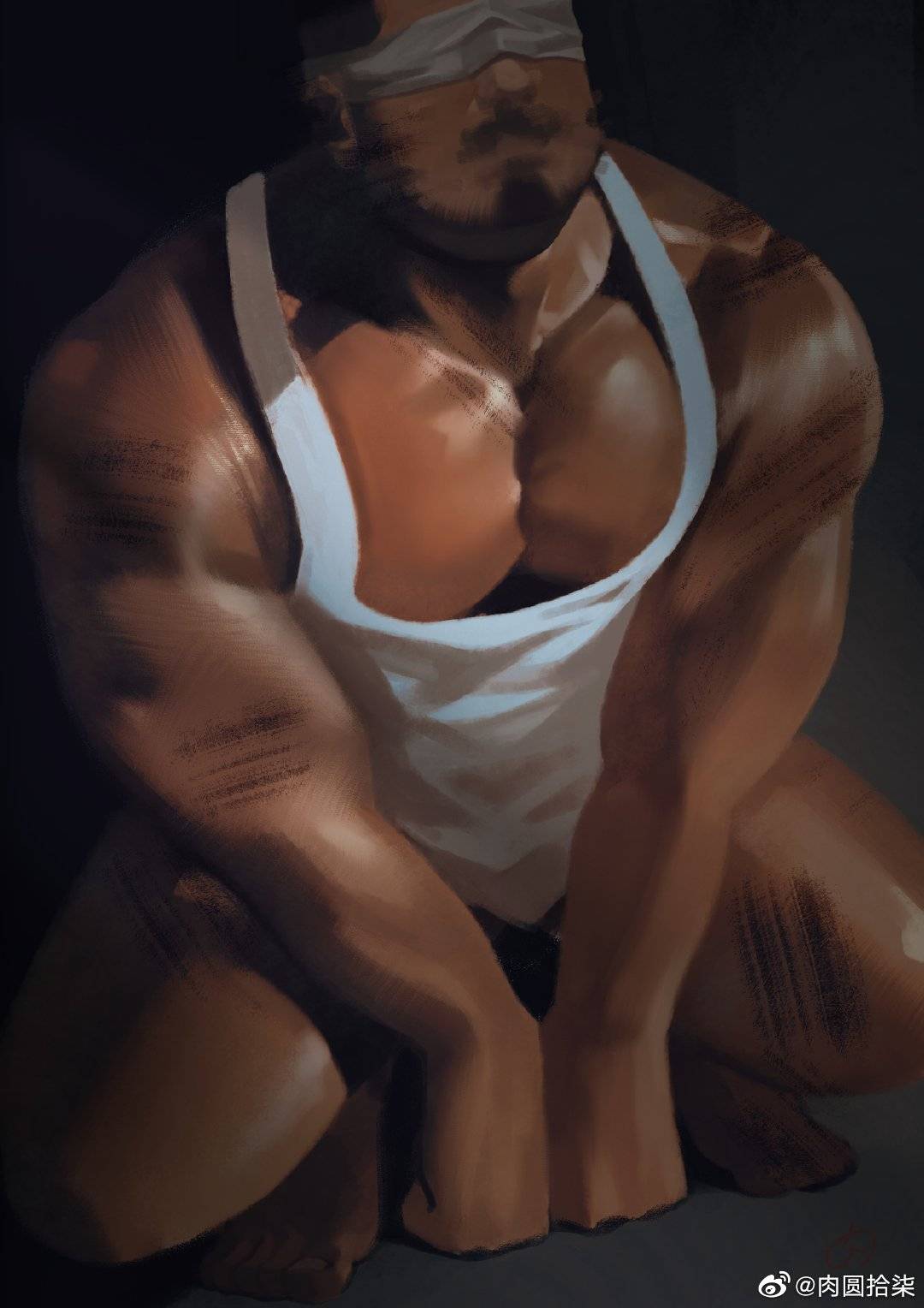 1boy bara beard blindfold blue_male_underwear dark-skinned_male dark_skin facial_hair from_above hands_on_floor highres kneeling large_pectorals male_focus male_underwear muscular muscular_male nipples no_pants original pectoral_cleavage pectorals rouyuan_shiqi_(ro_seventeen) short_hair solo tank_top thick_thighs thighs topless_male underwear white_tank_top
