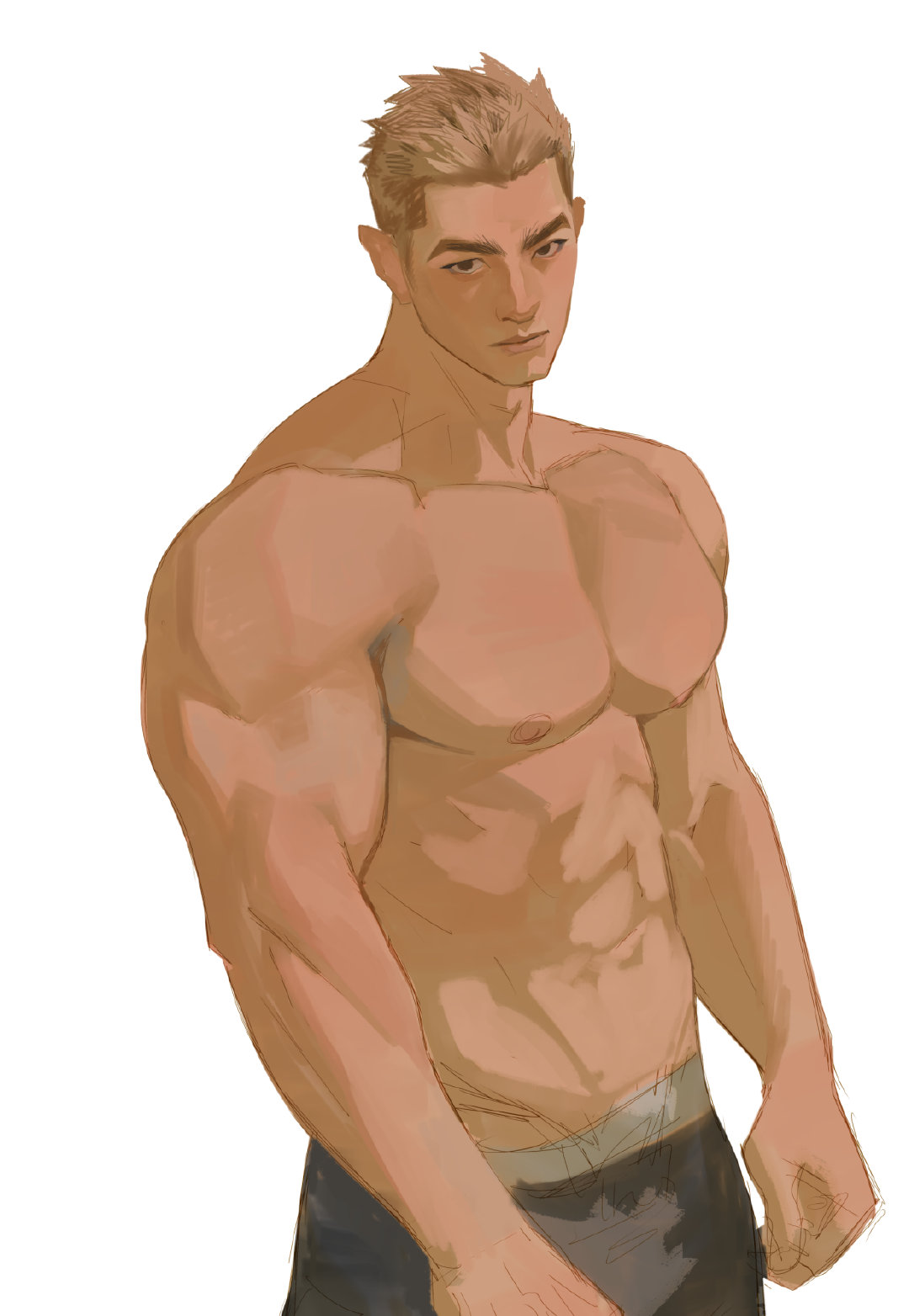 1boy abs bara black_male_underwear boxers cowboy_shot highres horikwawataru large_pectorals long_sideburns looking_at_viewer male_focus male_underwear muscular muscular_male nipples original pectorals short_hair sideburns sketch solo stomach thick_eyebrows topless_male underwear