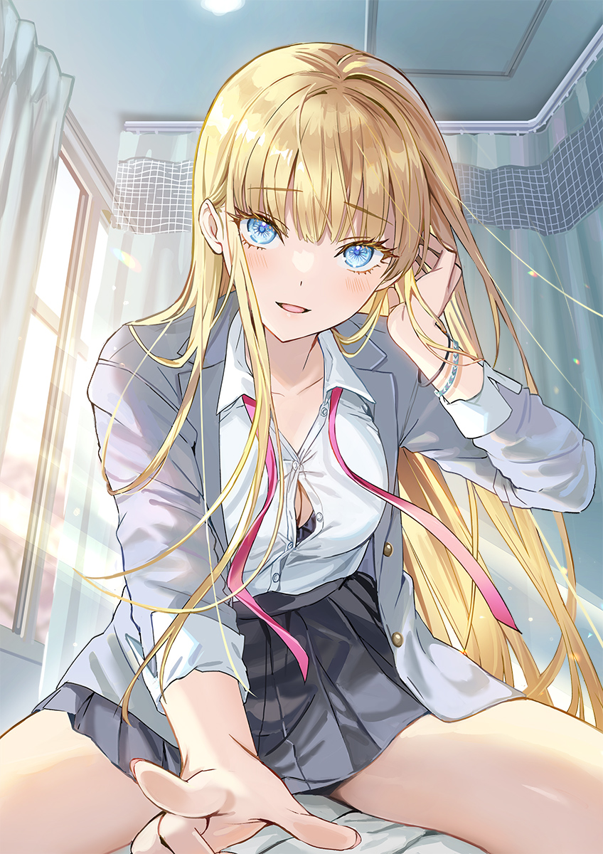 1girl bangs black_bra black_skirt blazer blonde_hair blue_eyes blush bra bra_peek bracelet breasts button_gap collared_shirt commentary curtains day eyelashes fingernails grey_jacket hand_up highres indoors jacket jewelry long_hair looking_at_viewer medium_breasts open_clothes open_jacket original parted_lips partially_unbuttoned pleated_skirt pointing pointing_at_viewer pov shirt skirt sleeves_pushed_up solo sunlight tan_(tangent) thighs underwear undone_neck_ribbon very_long_hair white_shirt window
