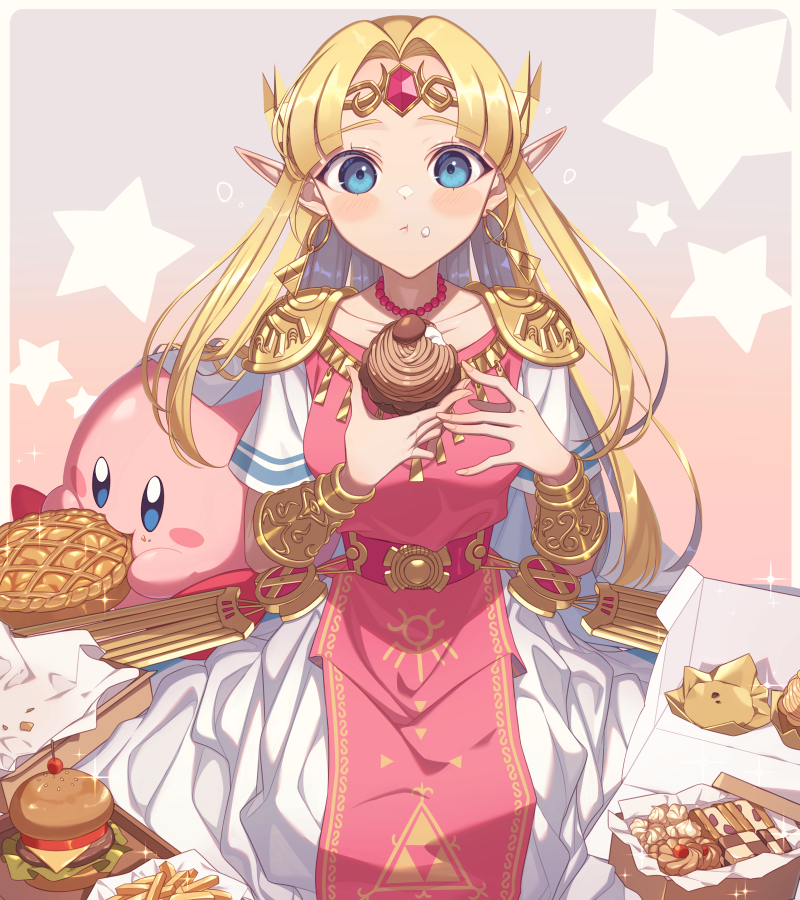 1girl armor bangs bead_necklace beads blonde_hair blue_eyes blush blush_stickers border box bracer burger checkerboard_cookie circlet closed_mouth collarbone commentary_request cookie cupcake dress earrings eating eyelashes food forehead_jewel french_fries gem gradient_background hair_ornament hands_up holding holding_food hoop_earrings jewelry kirby kirby_(series) long_hair looking_at_viewer miri_(cherryjelly) napkin necklace outside_border parted_bangs pastry_box pie pink_dress pointy_ears princess_zelda red_gemstone short_sleeves shoulder_armor sidelocks simple_background sparkle star_(symbol) super_smash_bros. the_legend_of_zelda the_legend_of_zelda:_a_link_between_worlds triforce triforce_earrings triforce_print white_border white_dress