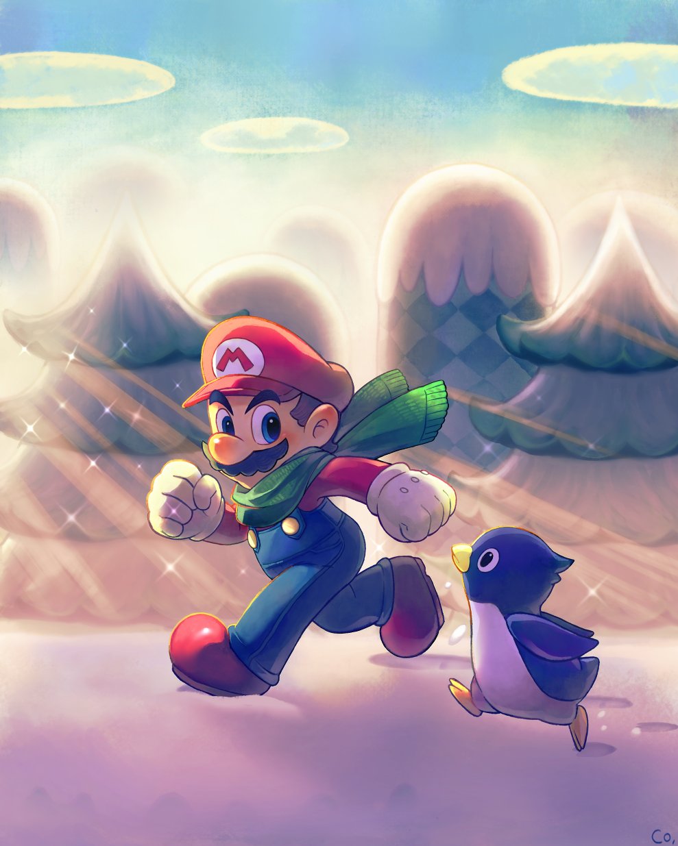 1boy blue_eyes blue_overalls boots brown_footwear brown_hair co_co_mg facial_hair gloves hat highres mario mario_(series) mustache outdoors overalls penguin_(mario) red_headwear red_shirt scarf shirt short_hair snow tree white_gloves
