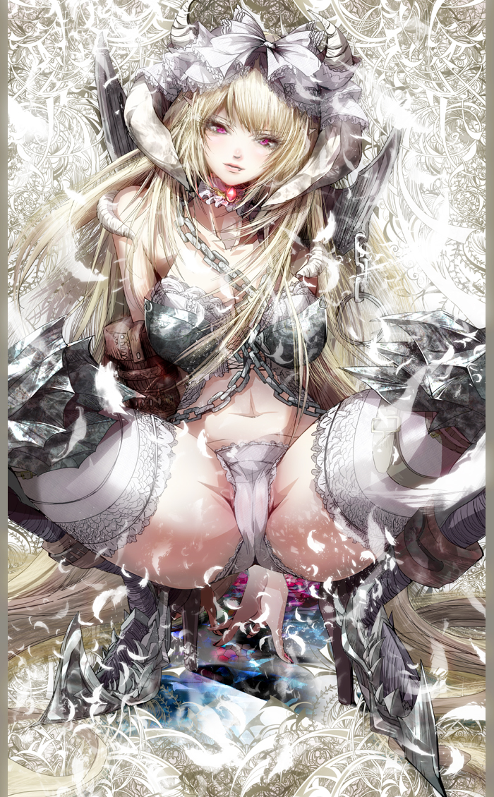 armor blonde_hair chain choker fang feathers high_heels horns long_hair original panties red_eyes ribbon shoes solo tanupo thighhighs underwear