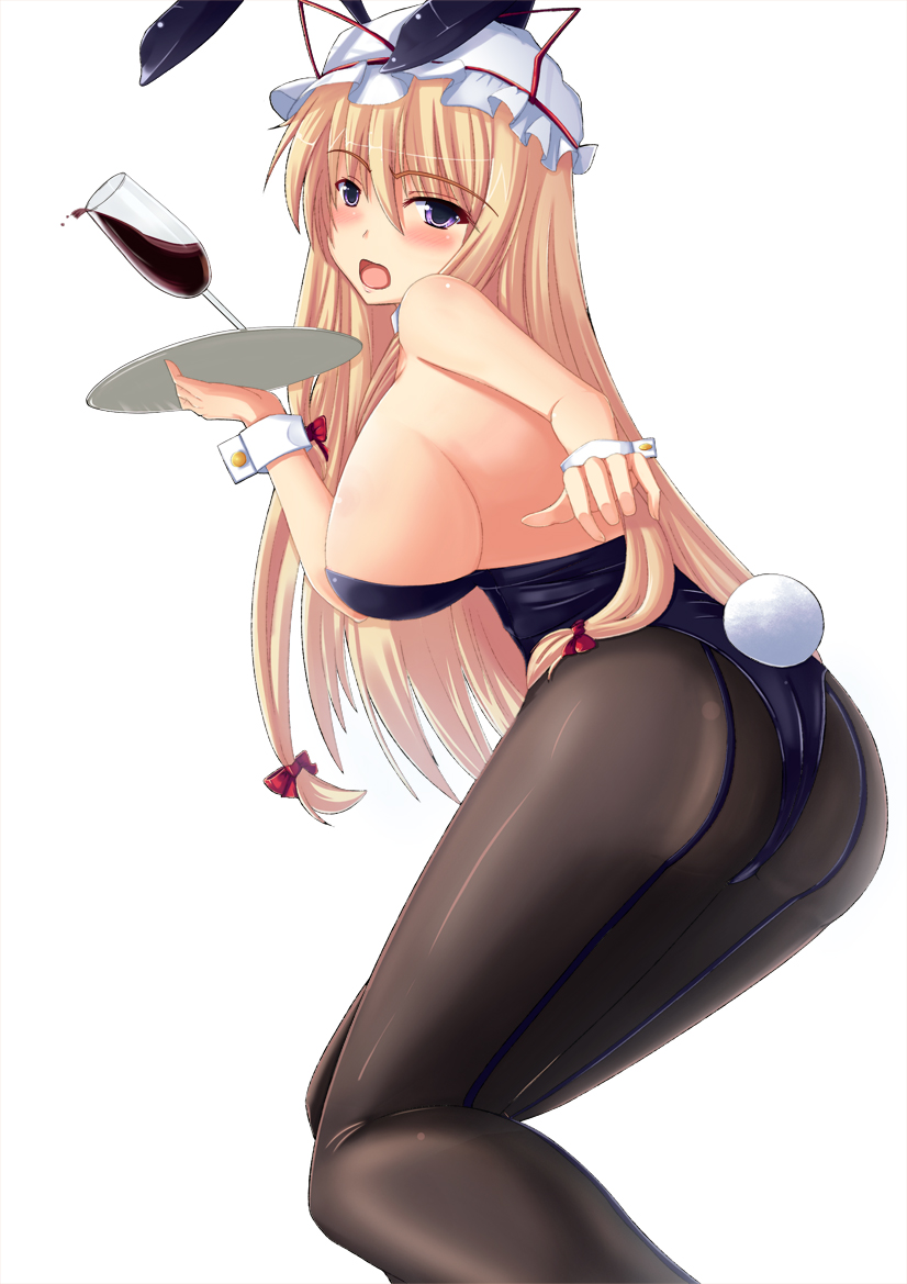 alcohol animal_ears ass blonde_hair breasts bunny_ears bunny_tail bunnysuit drink goblet hat koneko_(nonnkimono) large_breasts pantyhose sideboob solo tail touhou tray wine yakumo_yukari