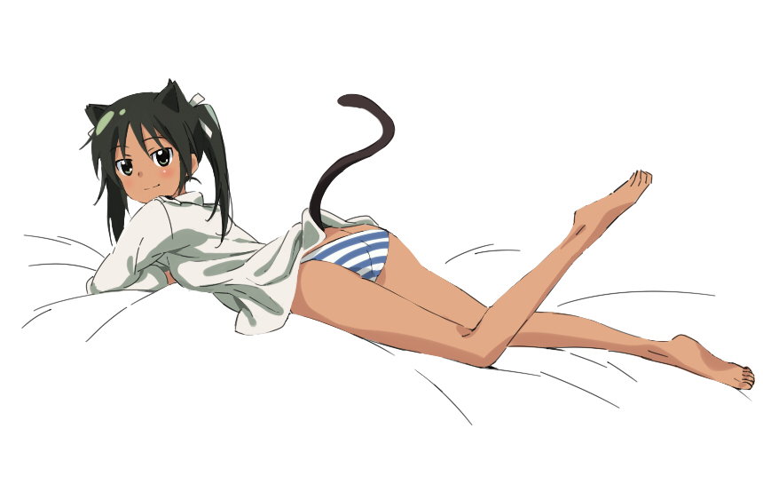 animal_ears bad_id bad_pixiv_id banzai_nekomimi barefoot black_hair cat_ears feet francesca_lucchini green_eyes looking_back lying on_stomach panties smile soles solo strike_witches striped striped_panties tail toes twintails underwear world_witches_series