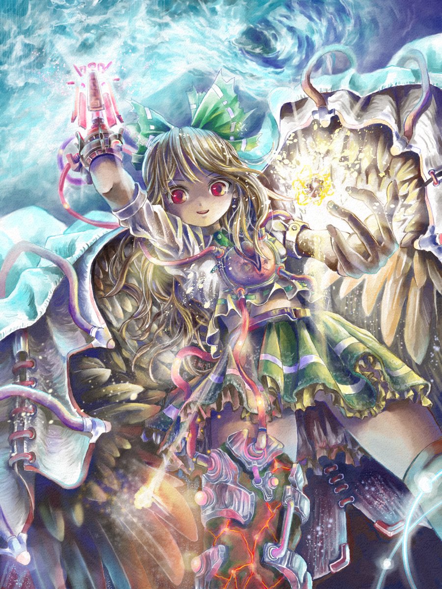 1girl aiming_up arm_cannon arm_up bangs bird_wings black_sun black_thighhighs bow brown_hair brown_wings cape collared_shirt feet_out_of_frame frilled_skirt frills glowing green_bow green_skirt hair_bow highres long_hair looking_at_viewer mechanical_legs midriff molten_rock nagayo open_mouth red_eyes reiuji_utsuho shaded_face shirt short_sleeves single_mechanical_leg skirt smile solo sun thighhighs third_eye touhou tube wavy_hair weapon white_cape white_shirt wings wire