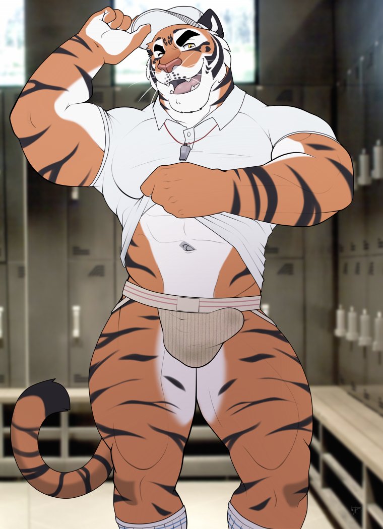 2023 abs amber_eyes anthro biceps bulge clothed clothing clothing_lift detailed_bulge fangs felid footwear fur genital_outline hand_on_hat hat headgear headwear inside jockstrap locker_room looking_at_viewer male mammal muscular muscular_anthro muscular_male one_eye_closed open_mouth pantherine pecs penis_outline pinup portrait pose quads sharp_teeth shirt shirt_lift smile socks solo standing striped_body striped_fur stripes teeth three-quarter_portrait tiger topwear triceps underwear whiskers whistle wolfybuns