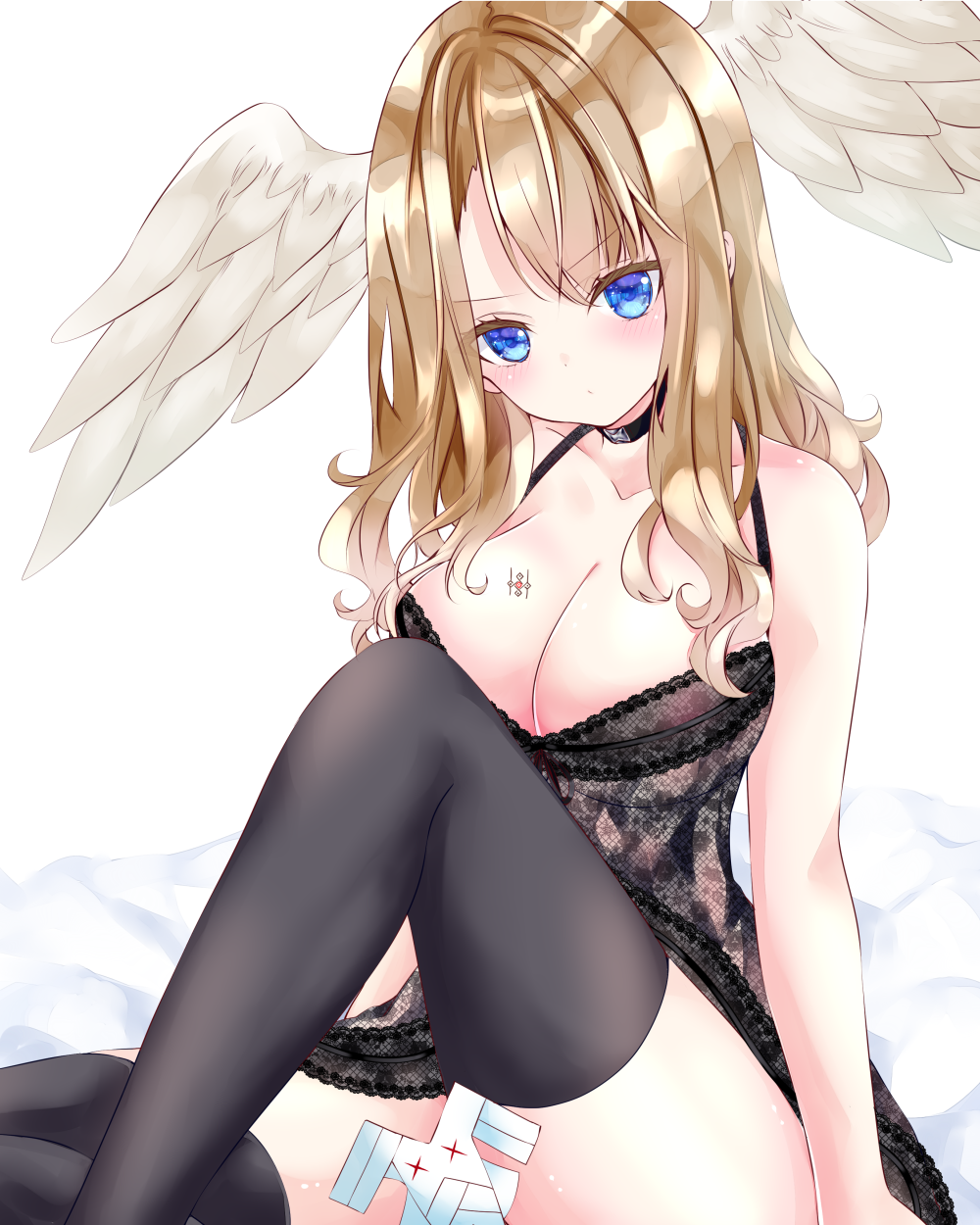 1girl bangs bare_arms bare_shoulders bed_sheet black_dress black_thighhighs blue_eyes blush breasts brown_hair cleavage closed_mouth collarbone dress eunie_(xenoblade) feathered_wings feet_out_of_frame hair_between_eyes head_wings highres knee_up large_breasts long_hair looking_at_viewer nanase_nao simple_background sitting sleeveless sleeveless_dress solo thighhighs white_background white_wings wings xenoblade_chronicles_(series) xenoblade_chronicles_3