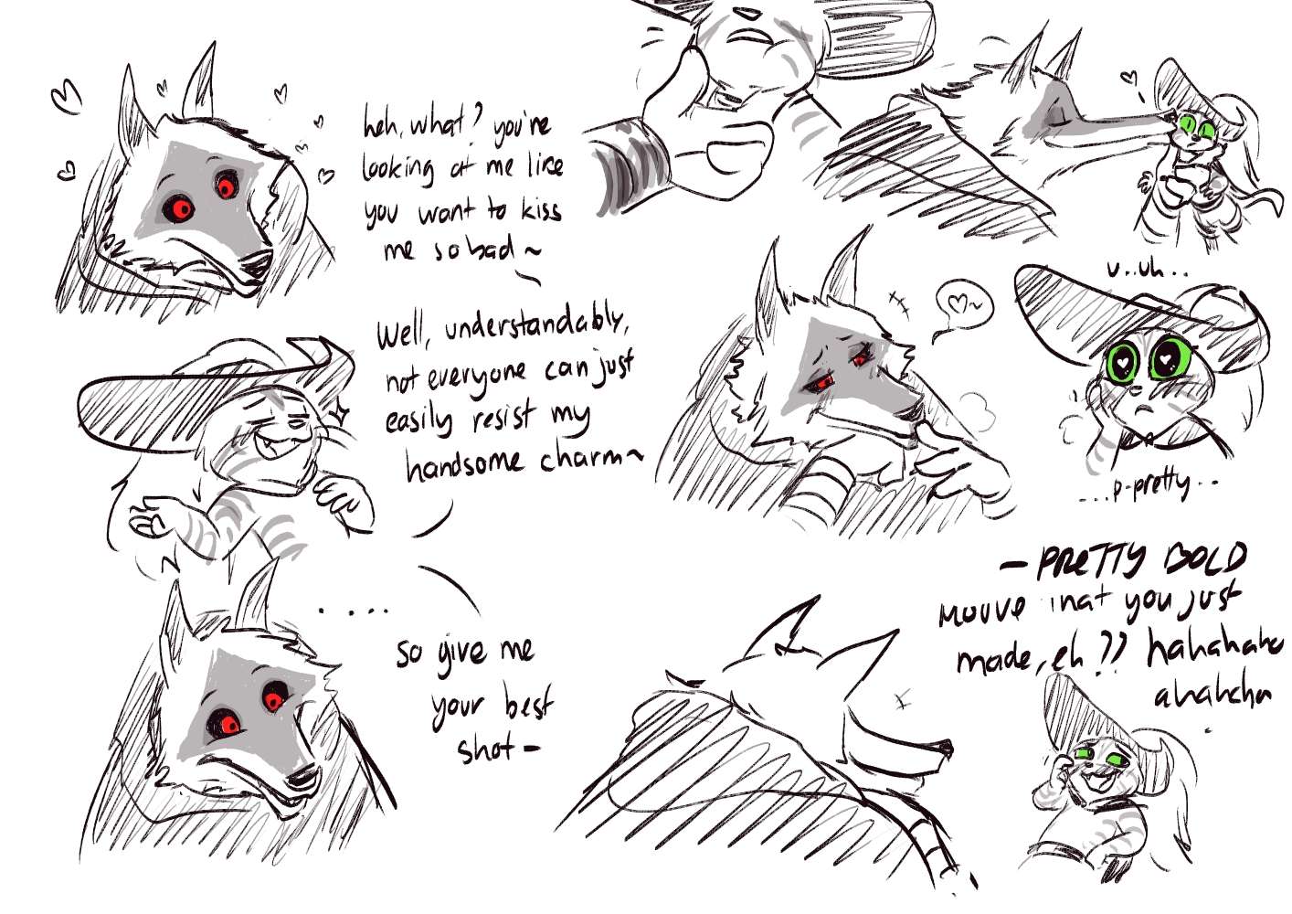 &lt;3 &lt;3_eyes anthro arm_strap arm_wrapping arm_wraps armband armwear belt big_eyes black_nose black_pupils black_sclera blush blush_lines blushing_profusely canid canine canis cape claws cloak clothed clothing comic death_(puss_in_boots) dialogue domestic_cat dreamworks duo embarrassed enamored english_text eye_contact eyes_closed facial_markings fangs feathers felid feline felis fingernails flirtation flirting flirting_look flustered frown fur grey_body grey_fur grin half-closed_eyes happy hat head_markings headgear headwear holding_chin holding_face hood hoodie humor interspecies kissing kissing_cheek kneeling long_tail looking_at_another looking_at_partner looking_down looking_up love male male/male mammal markings mask_(marking) mostly_nude multicolored_body multicolored_fur nails narrowed_eyes nervous nervous_expression nervous_grin nervous_laugh nervous_smile poncho prick_ears pupils puss_in_boots_(dreamworks) puss_in_boots_(film) puss_in_boots_the_last_wish question_mark red_eyes sharp_claws sharp_fangs sharp_fingernails sharp_nails sharp_teeth shocked shocked_expression shocked_face shy simple_background size_difference smile smirk smitten sparkles standing star star_symbol surprise surprise_kiss surprised_expression surprised_face surprised_look swanpit tabby_cat tail talking_to_another talking_to_partner teasing teeth text topwear touching_cheek touching_chin touching_own_face ultimatellurker whiskers white_background white_body white_fur wolf wrap wrapped_arms wraps