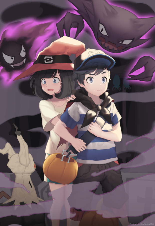 1boy 1girl bangs black_hair black_headwear capri_pants closed_mouth commentary elio_(pokemon) fog gastly green_shorts grey_eyes halloween halloween_bucket hand_on_another's_shoulder hat haunter hirosenpai mimikyu open_mouth pants pokemon pokemon_(creature) pokemon_(game) pokemon_sm red_headwear scared selene_(pokemon) shirt short_sleeves shorts standing striped striped_shirt t-shirt wavy_mouth witch_hat yellow_shirt