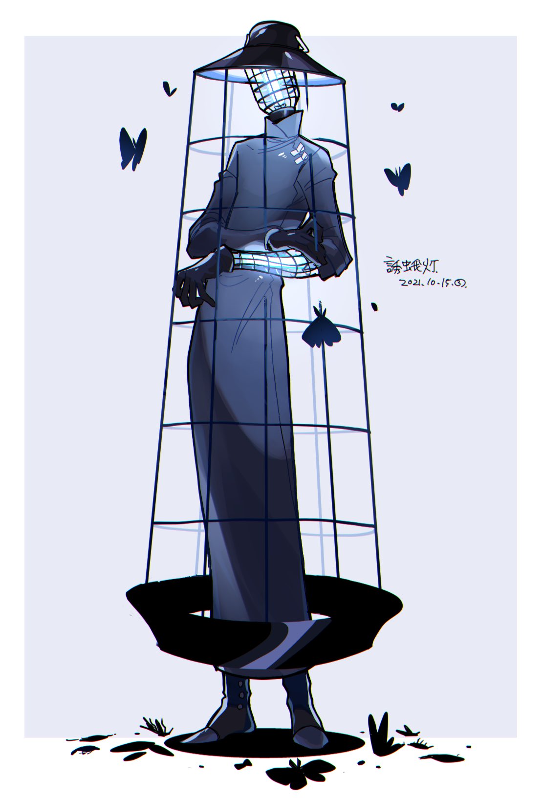 black_gloves blue_coat bug bug_zapper cage coat commentary_request dated dead_animal gloves glowing grey_background hat highres moth original personification sannota272 simple_background sleeves_rolled_up solo standing