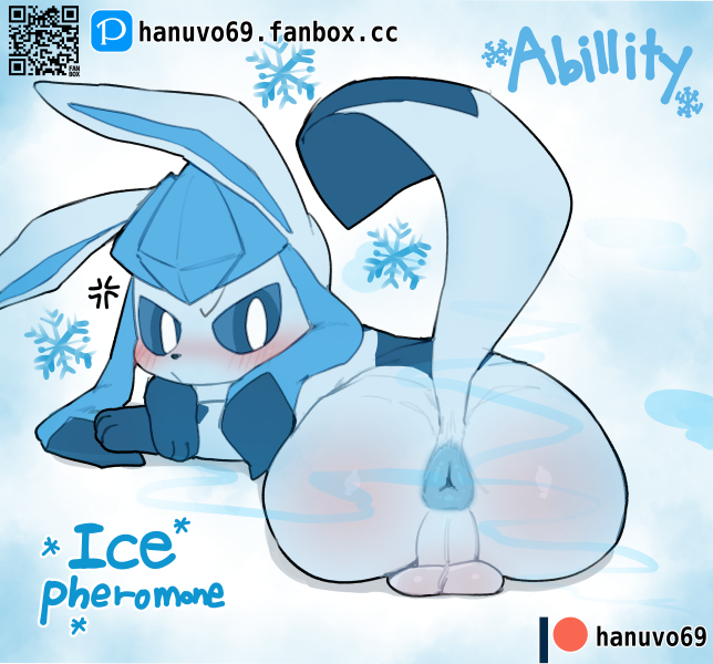 annoyed anus backsack balls better_version_at_paywall blue_body blue_fur blush butt cross-popping_vein eeveelution english_text feral fur generation_4_pokemon genitals glaceon hanuvo looking_back male male_(lore) nintendo patreon paws pheromones pixiv pixiv_fanbox pokemon pokemon_(species) presenting presenting_anus qr_code raised_tail simple_background snowflake solo tail text white_background