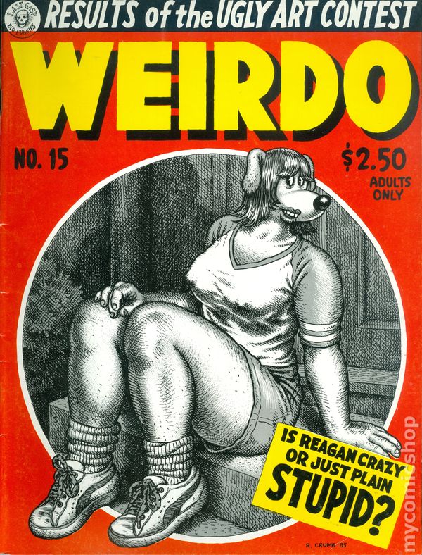 1985 anthro black_and_white breasts canid canine canis clothed clothing domestic_dog erect_nipples female footwear fur hair looking_at_viewer mammal monochrome nipples robert_crumb shirt socks solo topwear