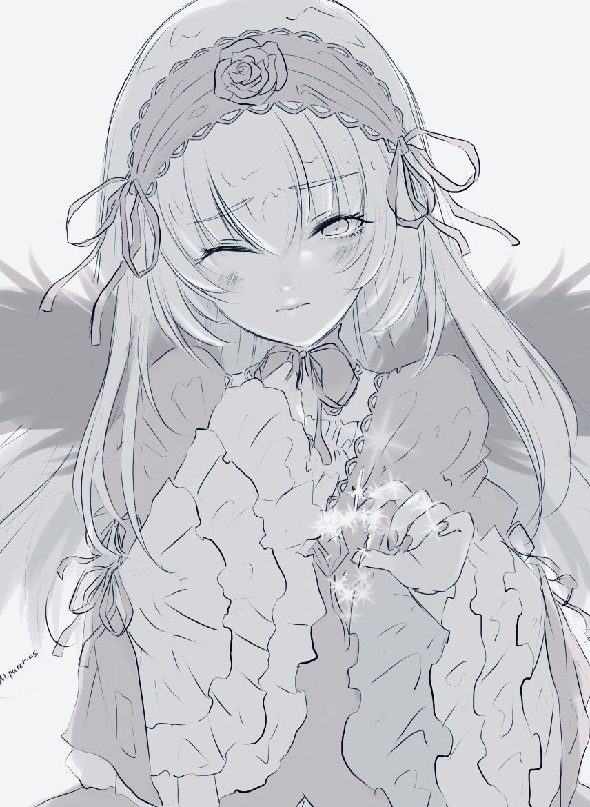 1girl dress flower frilled_sleeves frills gothic_lolita greyscale hairband kiru_(m_putorius) lolita_fashion lolita_hairband long_hair monochrome one_eye_closed rose rozen_maiden simple_background solo static_electricity suigintou upper_body wide_sleeves wince wings