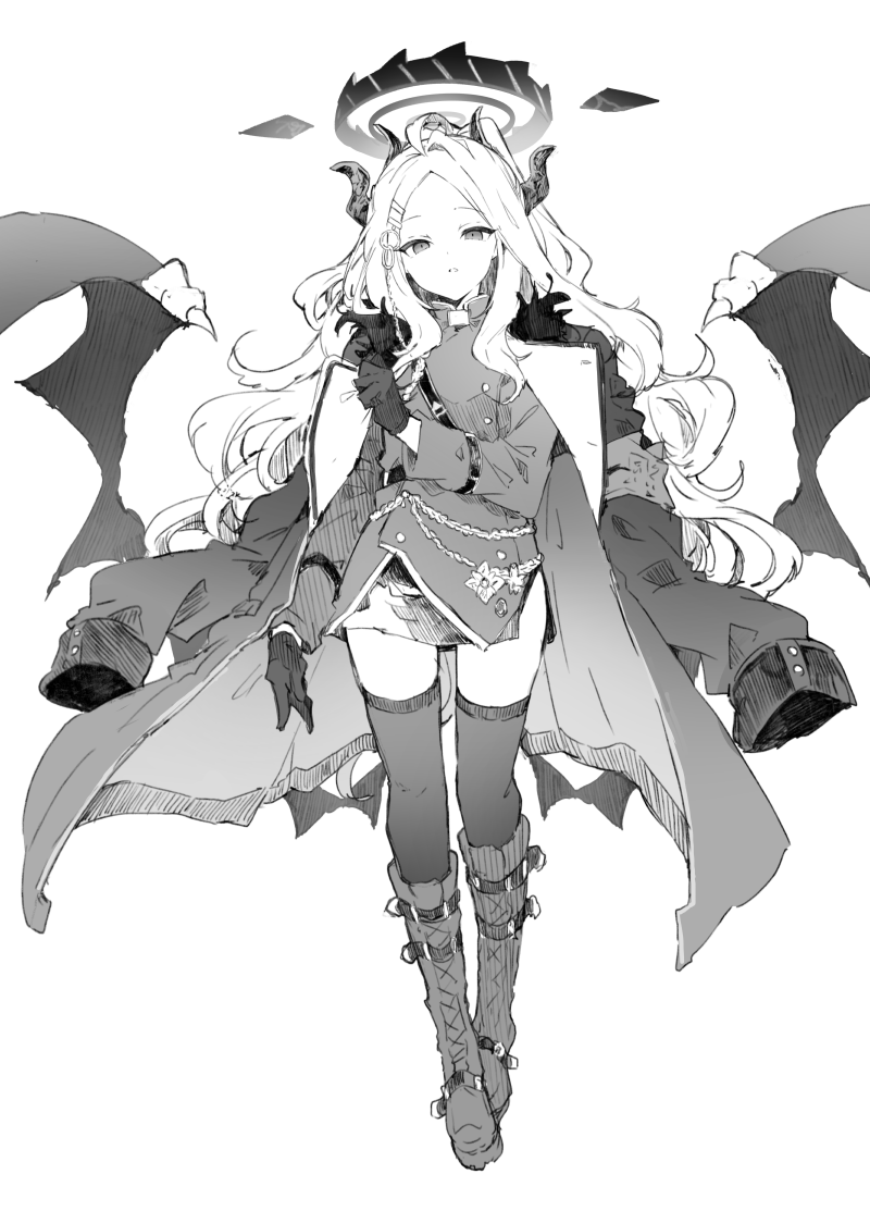 1girl blue_archive coat coat_on_shoulders demon_horns demon_wings gloves greyscale halo hina_(blue_archive) horns ikeuchi_tanuma long_hair miniskirt monochrome multiple_horns side_slit skirt thighhighs wings