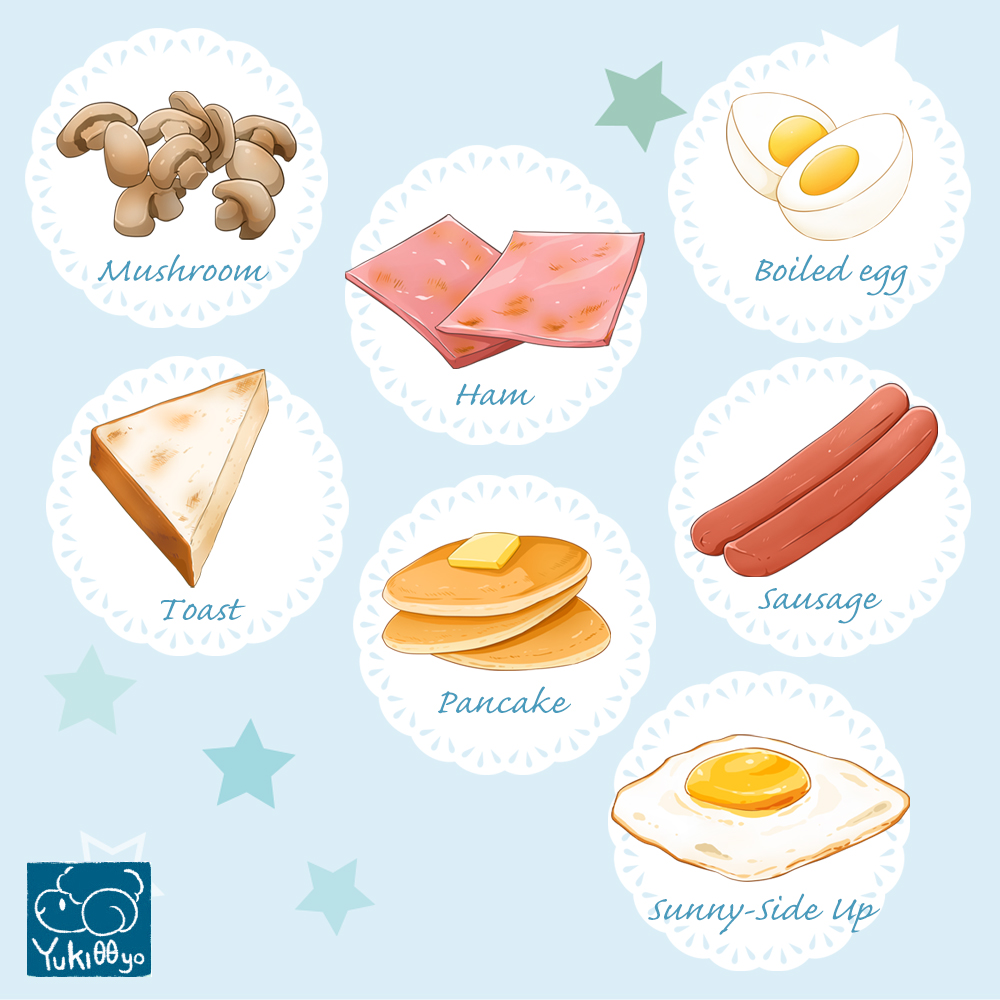 artist_logo artist_name blue_background bread breakfast butter commentary egg_(food) english_commentary english_text food food_focus food_name fried_egg ham hardboiled_egg mushroom no_humans original pancake sausage signature star_(symbol) starry_background still_life toast yuki00yo