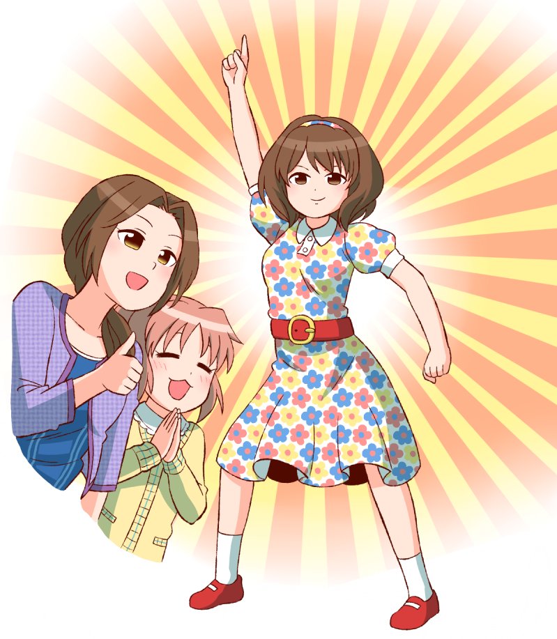 3girls :3 ^_^ abe_nana abekawa arm_up belt blue_shirt blush brown_eyes brown_hair closed_eyes collarbone doyagao dress emphasis_lines floral_print green_sweater hairband idolmaster idolmaster_cinderella_girls idolmaster_cinderella_girls_starlight_stage index_finger_raised index_fingers_raised jacket john_travolta kawashima_mizuki long_hair long_sleeves looking_at_viewer mary_janes multicolored_clothes multicolored_dress multiple_girls nagatomi_hasumi open_clothes open_jacket open_mouth orange_background outstretched_arm own_hands_together pointing pointing_up ponytail purple_jacket red_belt saturday_night_fever shirt shoes short_hair smile smug socks sweater thumbs_up two-tone_background white_socks yellow_background
