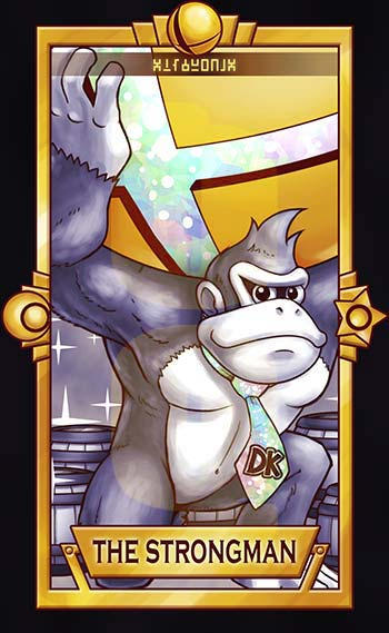 1boy ape barrel black_border border closed_mouth commentary crescent donkey_kong donkey_kong_(series) english_commentary exercise furry furry_male limited_palette looking_at_viewer male_focus muscular muscular_male necktie quas-quas short_hair smash_ball smile solo sparkle star_(symbol) strength_(tarot) super_smash_bros. tarot weightlifting