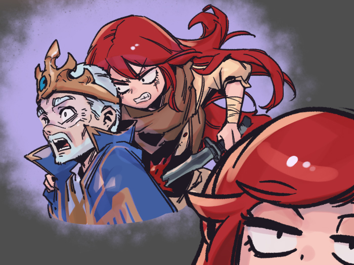1boy 1girl angry assassination blood clenched_teeth cropped_torso crown grey_hair hand_on_another's_shoulder holding holding_knife katarina_(league_of_legends) king knife league_of_legends long_hair multiple_views open_mouth phantom_ix_row red_hair royal_robe scar scar_across_eye short_hair teeth