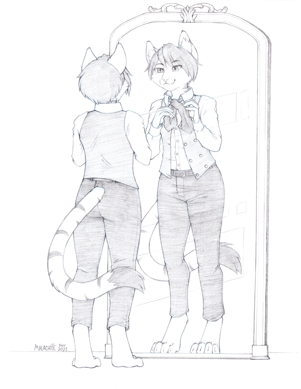 2021 anthro biped bottomwear clothed clothing digitigrade dipstick_tail domestic_cat eyebrows felid feline felis hair hi_res inner_ear_fluff looking_at_mirror looking_at_object malachyte male mammal markings mirror necktie pants pupils reflection ring_(marking) ringtail shirt short_hair sketch slit_pupils smile solo standing tail tail_markings topwear tuft vest woodside