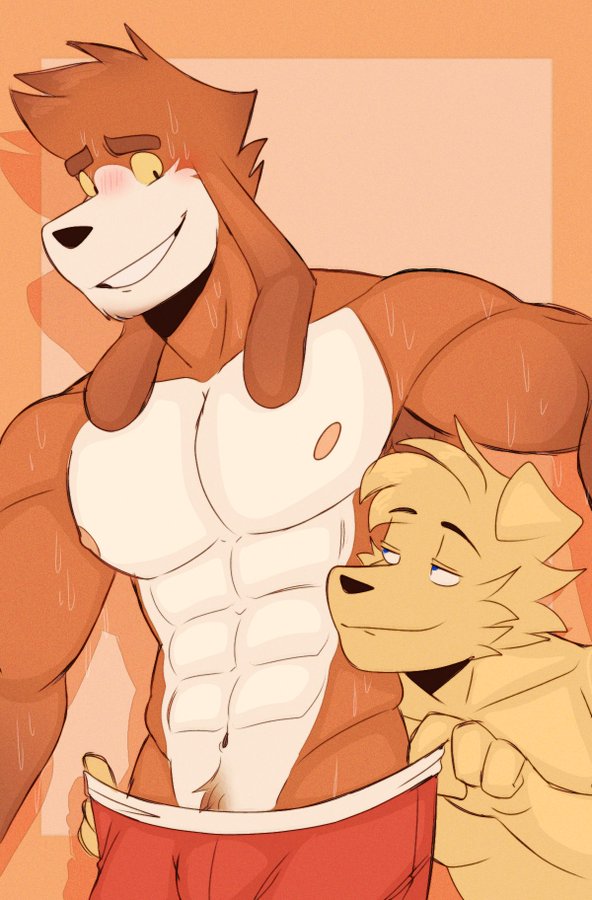2023 abs anthro armpit_tuft athletic athletic_anthro athletic_male beagle biceps bird_dog black_nose blonde_hair blue_eyes blush bodily_fluids body_hair border bottomwear brown_body brown_fur brown_hair bulge canid canine canis clothed clothing colored domestic_dog duo ears_down eyebrows facial_hair floppy_ears fur golden_retriever hair happy_trail hunting_dog long_ears male male/male mammal multicolored_body multicolored_fur muscular muscular_anthro muscular_male nao_o'connor navel nipples partially_clothed pecs pink_nipples pivoted_ears pubes pulling_underwear raised_eyebrow red_clothing red_underwear retriever scent_hound seductive shirtless shirtless_anthro shirtless_male simple_background smile smiling_at_partner smirk standing suggestive suggestive_look suggestive_pose sweat sweatdrop tan_background thick_eyebrows underwear underwear_down undressing undressing_another white_body white_fur wilson_(wilsondoggo64) wilsondoggo64 yellow_body yellow_eyes yellow_fur