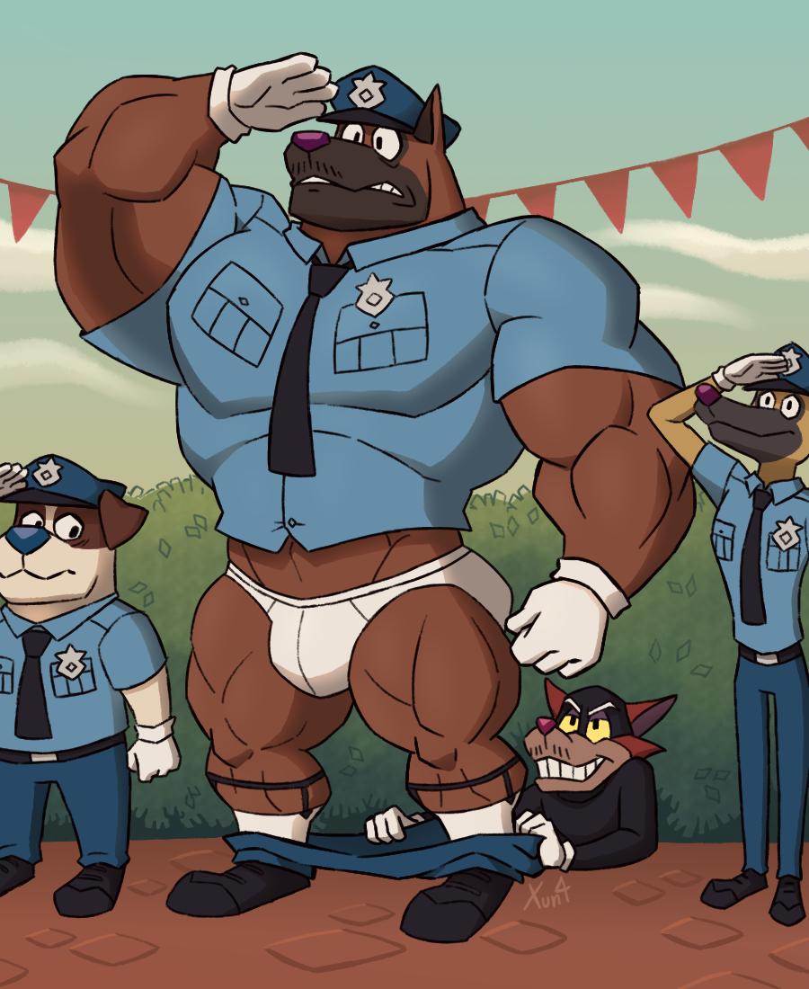 anthro assisted_exposure canid canine canis clothing domestic_dog fox gesture gissab male mammal muscular officer_gyves outside pantsing police public rob_(gissab) salute underwear