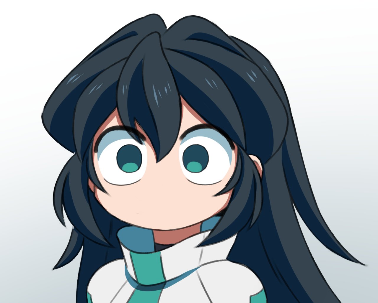 1girl black_hair black_shirt english_commentary green_eyes grey_background grey_jacket gundam gundam_build_divers gundam_build_divers_re:rise hair_between_eyes jacket komi-san_wa_komyushou_desu looking_at_viewer may:be may_(gundam_build_divers_re:rise) no_mouth parody portrait shirt solo wide-eyed