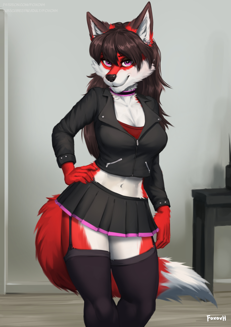 anthro bottomwear brown_hair canid canine claws clothing collar female finger_claws fluffy fluffy_tail fox foxovh fur hair hand_on_hip hi_res inside jacket legwear looking_at_viewer mammal purple_eyes red_body red_fur skirt solo stockings tail topwear