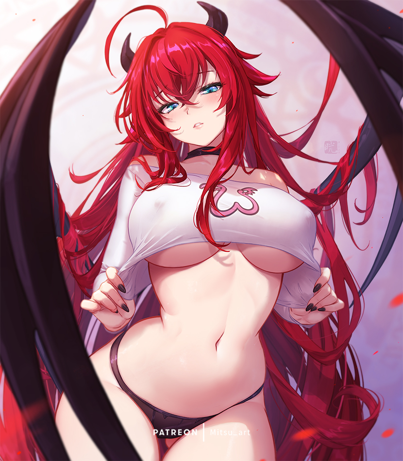 1girl ahoge black_choker black_nails blue_eyes breasts choker covered_nipples cowboy_shot crop crossed_bangs demon_horns demon_wings hair_between_eyes high_school_dxd horns large_breasts long_hair long_sleeves looking_at_viewer mitsu_(mitsu_art) navel parted_lips red_hair rias_gremory shirt solo standing stomach underboob very_long_hair white_shirt wings