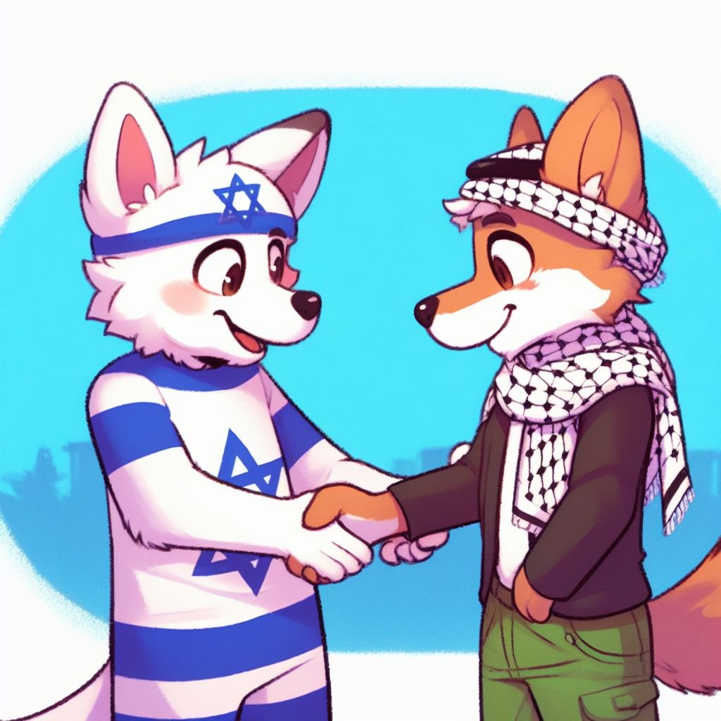 anthro black_nose bottomwear brown_body brown_eyes brown_fur canid canine clothing duo eyebrows fox fur furry_tail gesture green_bottomwear green_clothing green_pants handshake happy hexagram israel israeli_flag mammal palestine pants political_cartoon politics shemagh simple_background smile symbol tail unknown_artist white_body white_fur