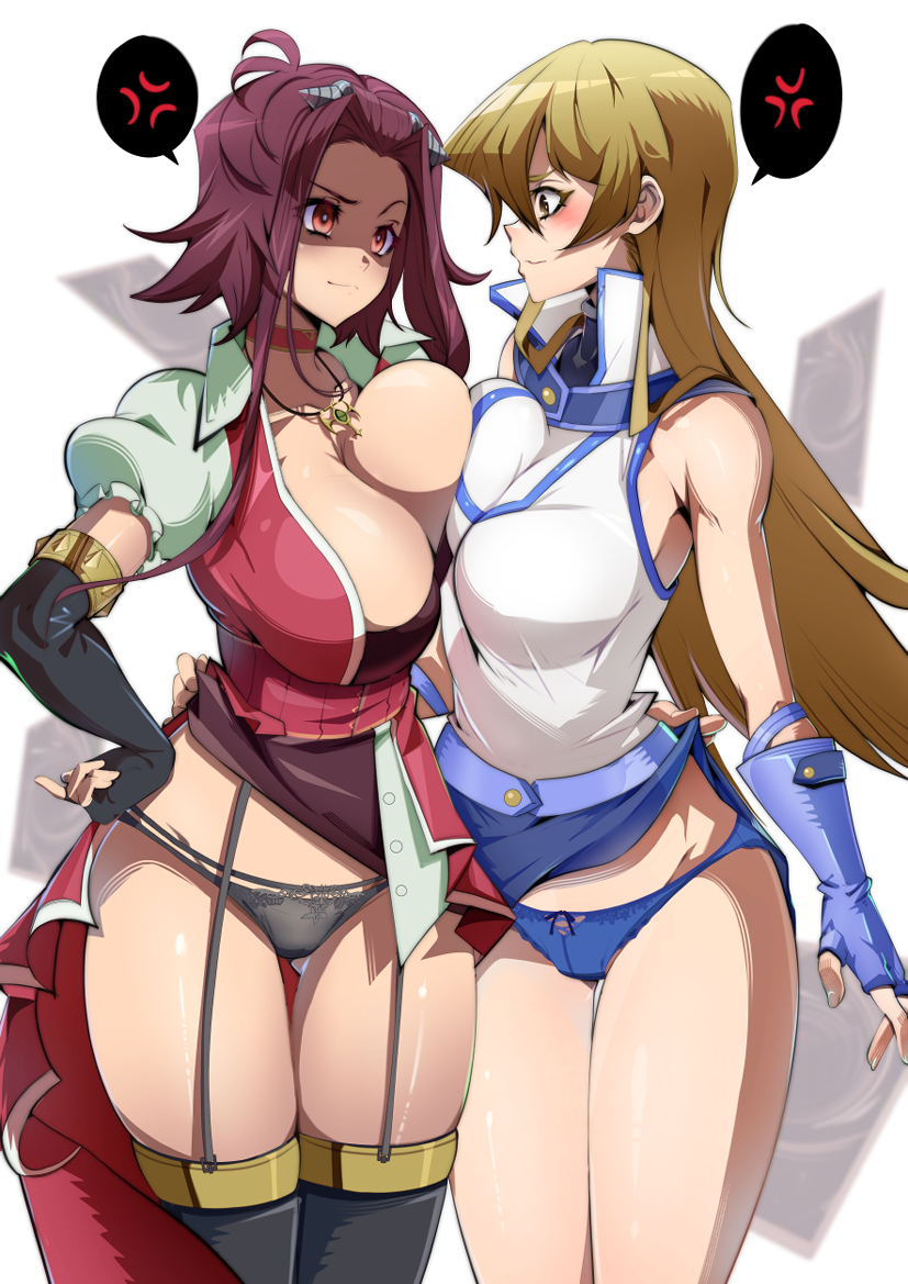 2girls alternate_breast_size anger_vein animahakim bare_legs bare_shoulders black_gloves black_panties black_thighhighs blonde_hair blue_gloves blue_panties blue_skirt breast_press breasts brown_eyes choker cleavage closed_mouth collarbone crossover dress duel_academy_uniform_(yu-gi-oh!_gx) eye_contact forehead garter_straps gloves hair_between_eyes hand_on_another's_hip hand_on_own_hip huge_breasts izayoi_aki jewelry lace-trimmed_panties lace_trim large_breasts legs_together long_hair looking_at_another multiple_girls necklace panties pointy_nose puffy_short_sleeves puffy_sleeves red_choker red_dress red_eyes red_hair shaded_face short_sleeves simple_background skirt sleeveless smile speech_bubble standing tenjouin_asuka thigh_gap thighhighs underwear white_background yu-gi-oh! yu-gi-oh!_5d's yu-gi-oh!_gx