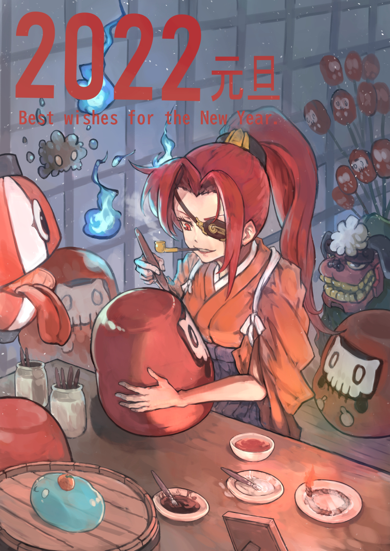 1girl 2022 chocotto_land english_commentary english_text eyepatch holding holding_paintbrush ico6 japanese_clothes kimono long_hair paint paintbrush painting_(action) pipe_in_mouth ponytail red_eyes red_hair smoke smoking_pipe solo table