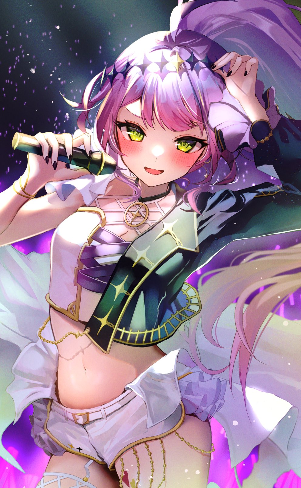 1girl alternate_costume alternate_hairstyle asymmetrical_clothes black_jacket black_nails blush bracelet breasts circlet cleavage commentary concert cowboy_shot crop_top fishnet_thighhighs fishnets frilled_sleeves frills garter_straps glowstick gold_trim green_eyes highres holding holding_microphone hololive jacket jewelry long_hair looking_at_viewer micro_shorts microphone nail_polish navel open_mouth ponytail purple_hair short_shorts shorts single_thighhigh small_breasts smile solo standing stomach swept_bangs tako_8_yaki thighhighs tokoyami_towa virtual_youtuber waist_cape white_shorts white_thighhighs