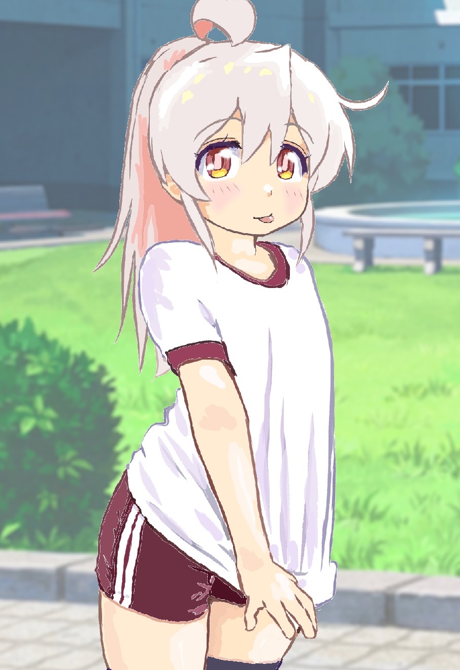 1girl ahoge bench bright_pupils closed_mouth clothes_pull colored_inner_hair day double_vertical_stripe grass grey_hair gym_shirt gym_shorts hair_between_eyes highres long_hair mizumori_keiichi multicolored_eyes multicolored_hair onii-chan_wa_oshimai! orange_eyes outdoors oyama_mahiro pink_hair pink_pupils pulled_by_self red_eyes red_shorts shirt shirt_pull short_sleeves shorts smile solo standing tongue tongue_out two-tone_hair white_shirt yellow_eyes