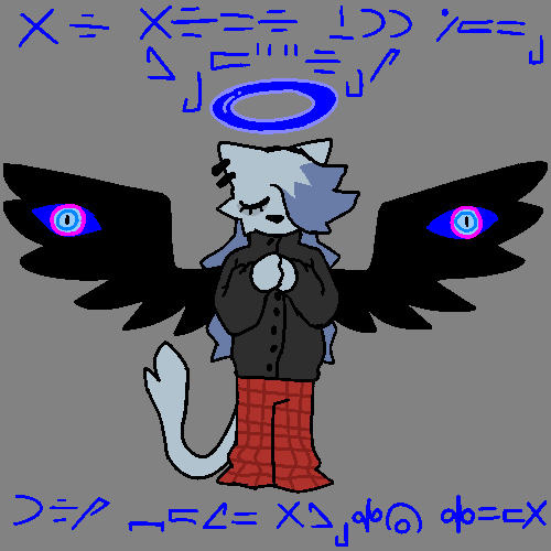 2022 anthro atomic_cat atomic_corenthal black_clothing black_sweater black_topwear black_wings blue_body blue_eyes blue_fur blue_hair bottomwear character_cipher clothed clothing domestic_cat ear_piercing ear_ring eye_bags eyelashes eyes_closed eyes_on_wings facial_tuft feathered_wings feathers felid feline felis female fully_clothed fur hair hair_over_eye halo hands_together highlights_(coloring) low_res mammal one_eye_obstructed pajama_pants pants pattern_bottomwear pattern_clothing pattern_pants piercing plaid plaid_bottomwear plaid_clothing plaid_pants pupils ring_piercing slit_pupils solo sweater text topwear trans_(lore) trans_woman_(lore) wings
