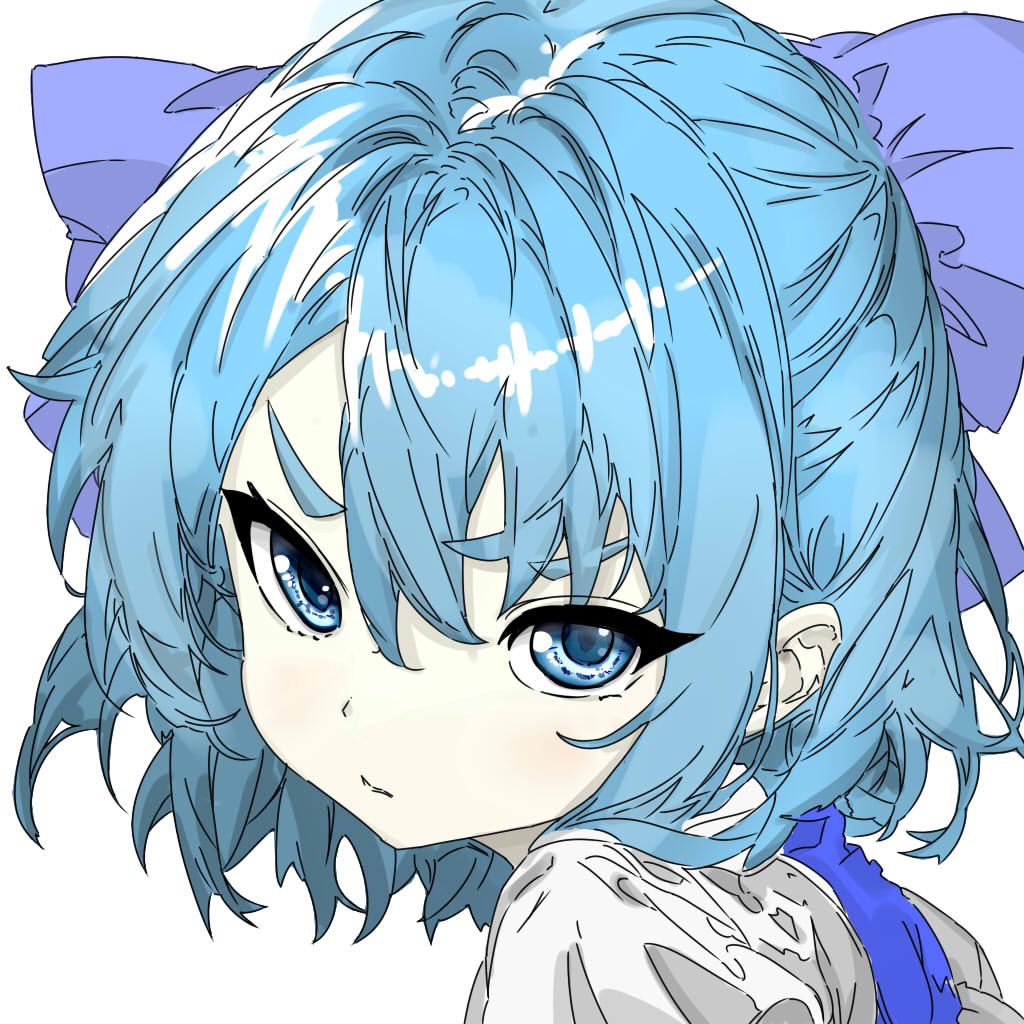 1girl angry blue_bow blue_dress blue_eyes blue_hair bow cirno colored_skin dress fairy frozen hair_bow ice looking_at_viewer looking_to_the_side messy_hair pale_skin pi_t_w_o shirt solo_focus tomboy touhou white_shirt white_skin