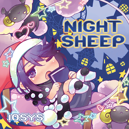 1girl :&lt; album_cover bed black_capelet black_dress blue_background book boots capelet castle chibi circle_name cover doremy_sweet dress english_text fur-trimmed_footwear fur-trimmed_headwear fur_trim game_cg hat heart holding holding_book iosys light_blush lying nightcap nyagakiya official_art on_back one_eye_closed open_mouth pom_pom_(clothes) purple_eyes purple_hair red_headwear sheep short_dress short_hair solid_circle_eyes solo star_(symbol) tail touhou touhou_cannonball two-tone_dress white_dress white_footwear window yawning yellow_eyes