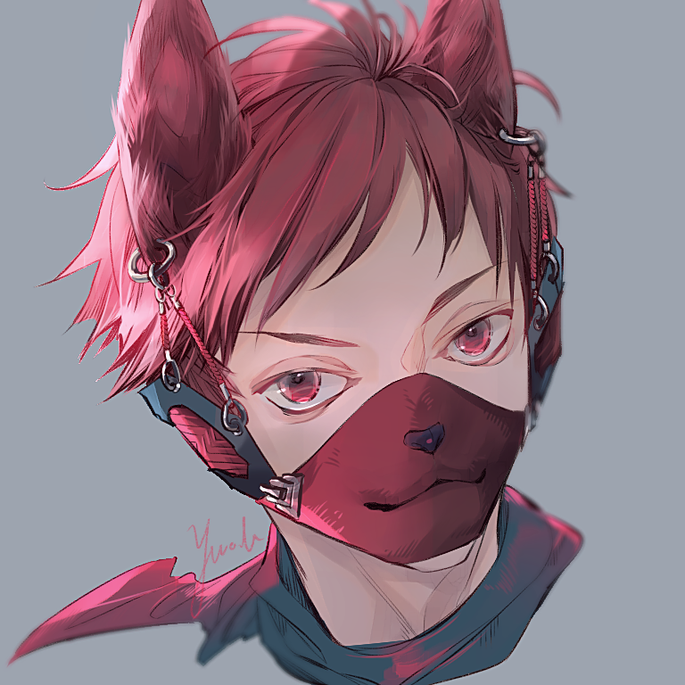 1boy animal_ears ear_piercing grey_background looking_at_viewer male_focus mask mouth_mask nemumi_no_sora original piercing portrait red_eyes red_hair short_hair simple_background solo