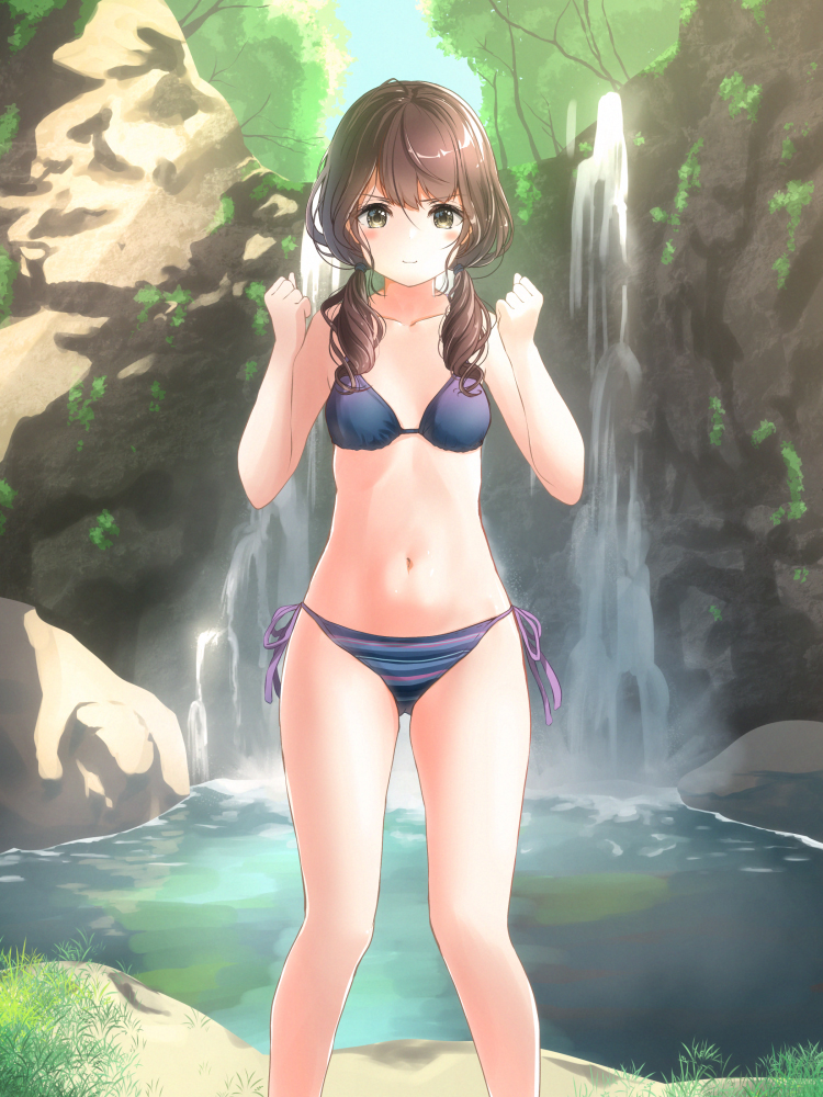 1girl bikini blue_bikini blush breasts brown_hair clenched_hands cliff closed_mouth collarbone commentary_request cowboy_shot curly_hair grass green_eyes hair_over_breasts leaf looking_at_viewer low_twintails navel original outdoors plant pond side-tie_bikini_bottom small_breasts smile solo standing steam striped striped_bikini swimsuit tachiinu tree twintails vines water waterfall