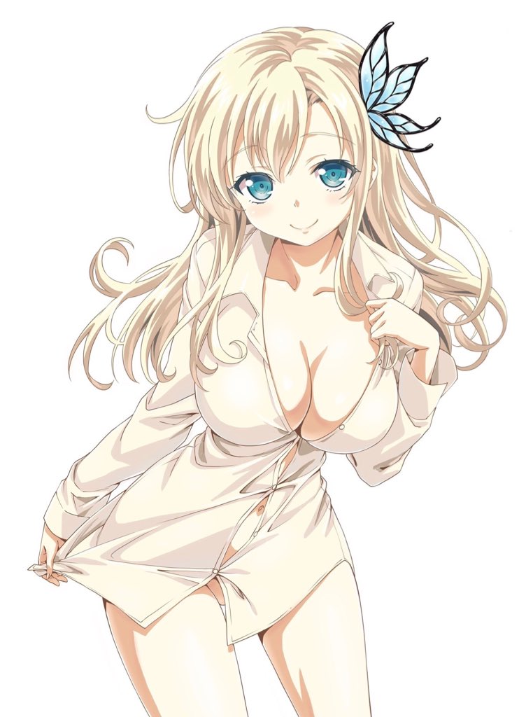 1girl aqua_eyes blonde_hair boku_wa_tomodachi_ga_sukunai bottomless breasts buriki_(style) butterfly_hair_ornament cleavage closed_mouth clothes_pull commentary_request cowboy_shot hair_ornament kashiwazaki_sena large_breasts leaning_forward light_smile long_hair looking_at_viewer official_style pulled_by_self shirt shirt_pull simple_background solo unbuttoned unbuttoned_shirt watanabe_yoshihiro white_background white_shirt
