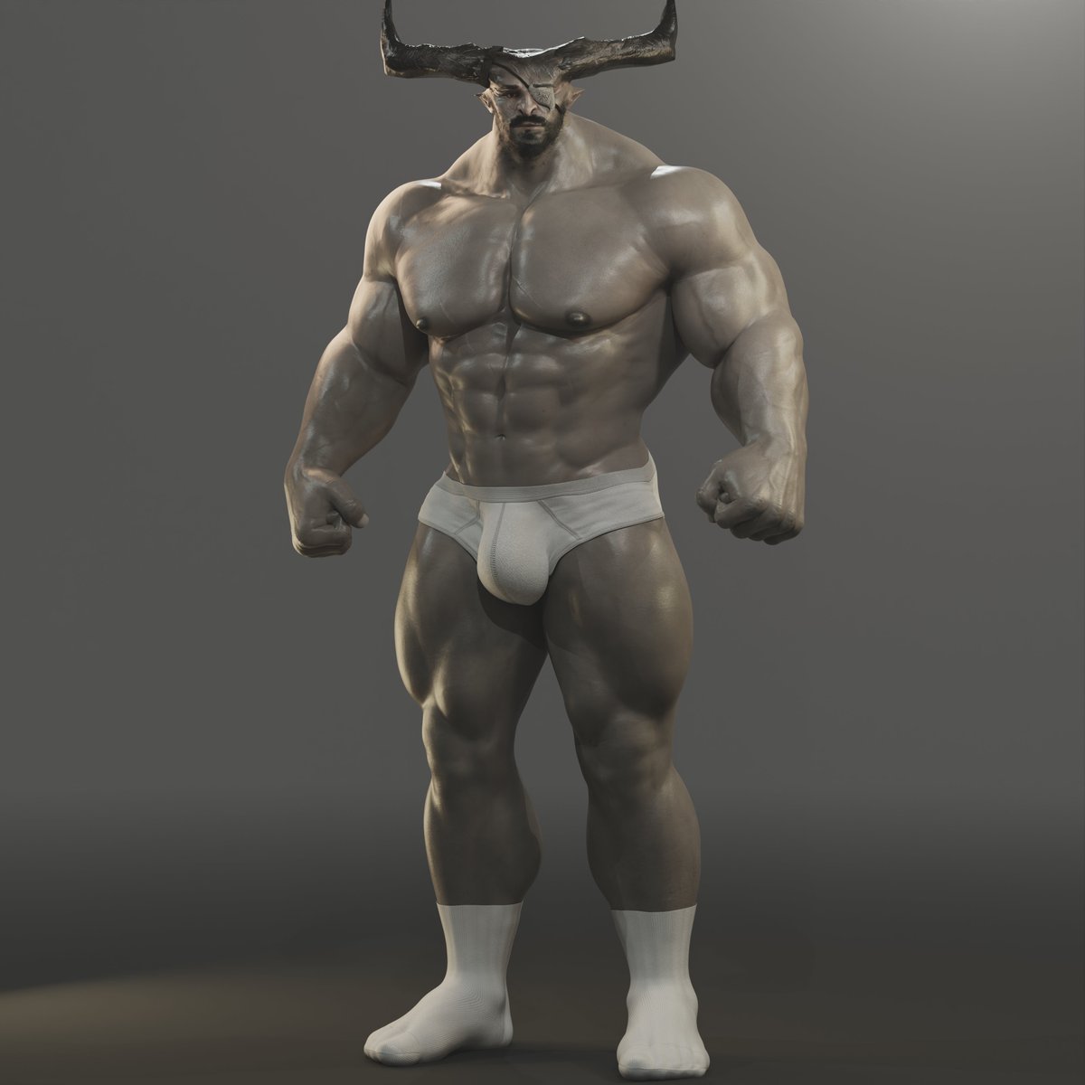 2_horns abs bulge clothing dragon_age footwear hi_res horn humanoid iron_bull male muscular muscular_humanoid muscular_male nipples pecs qunari socks solo underwear vein veiny_muscles voluox