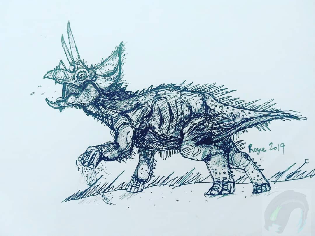ambiguous_gender ceratopsian dinosaur feral grass horn ink monochrome open_mouth ornithischian plant reptile ribs roaring saureal scales scalie solo spines tail traditional_media_(artwork) triceratops