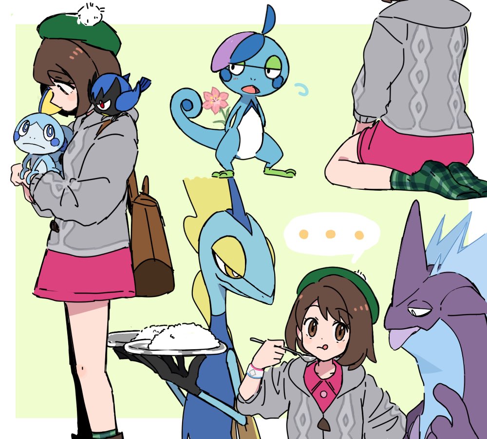 ... 1girl :q backpack bag bob_cut boots border brown_bag brown_eyes brown_footwear brown_hair buttons cable_knit cardigan collared_dress commentary_request dress drizzile dynamax_band eating evolutionary_line flower flying_sweatdrops gloria_(pokemon) green_background green_headwear green_socks grey_cardigan hat holding holding_pokemon holding_spoon hooded_cardigan inteleon multiple_views nm222 on_shoulder pink_dress pink_flower plaid_socks pokemon pokemon_(creature) pokemon_(game) pokemon_on_shoulder pokemon_swsh rookidee short_hair sobble socks spoken_ellipsis spoon tam_o'_shanter tongue tongue_out toxtricity toxtricity_(low_key) white_border