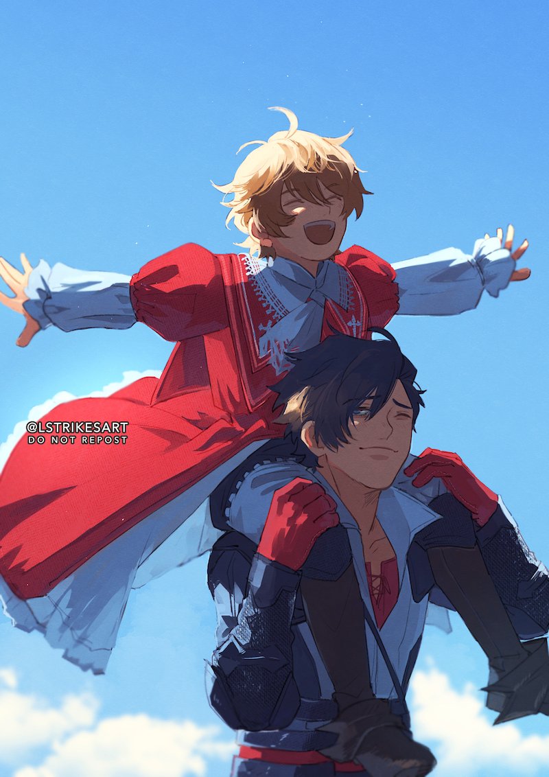 2boys aged_down airplane_arms black_hair blonde_hair blue_eyes blue_sky brothers carrying carrying_person clive_rosfield final_fantasy final_fantasy_xvi joshua_rosfield laughing lightningstrikes male_child multiple_boys open_mouth outstretched_arms piggyback puffy_sleeves running short_hair shoulder_carry siblings sky spread_arms