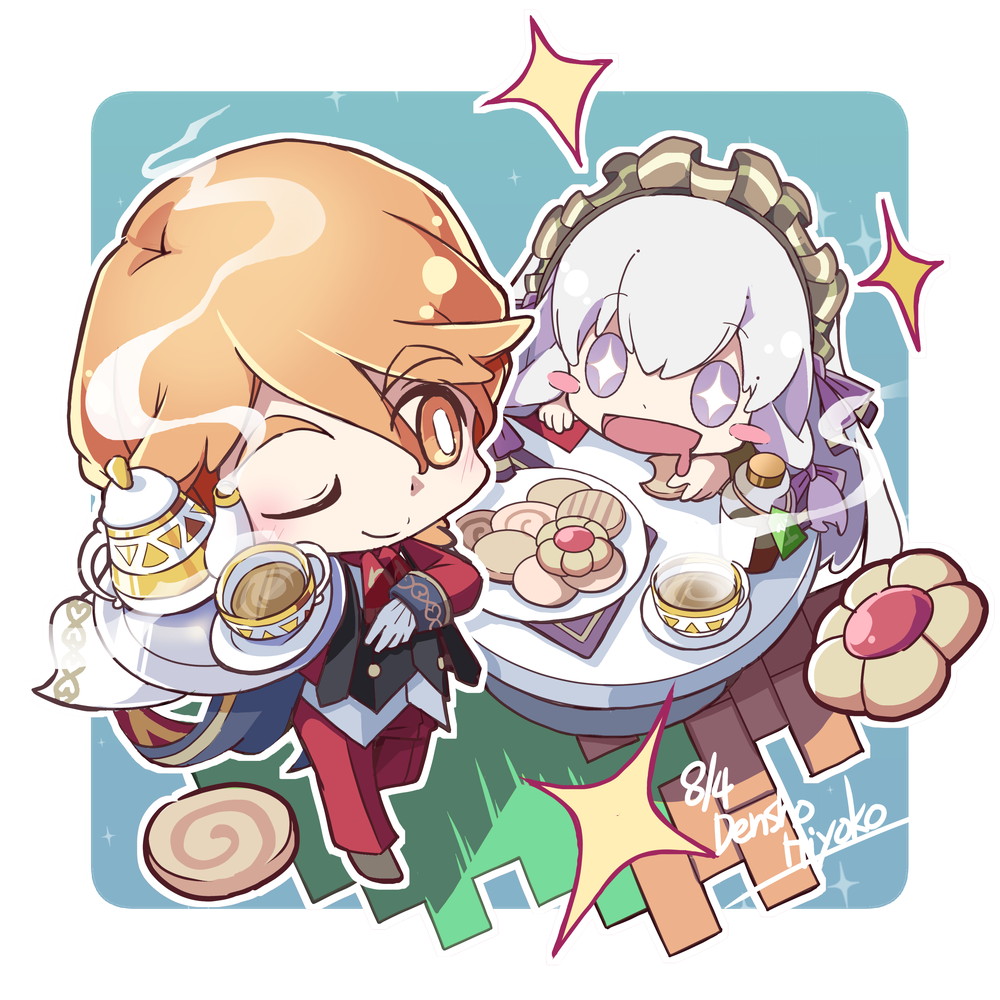 chibi cookie cup ferdinand_von_aegir ferdinand_von_aegir_(tea_party) fire_emblem fire_emblem_heroes food holding holding_tray lysithea_von_ordelia lysithea_von_ordelia_(tea_party) maid official_alternate_costume orange_hair ryoto_soukyuu teacup teapot tray white_hair