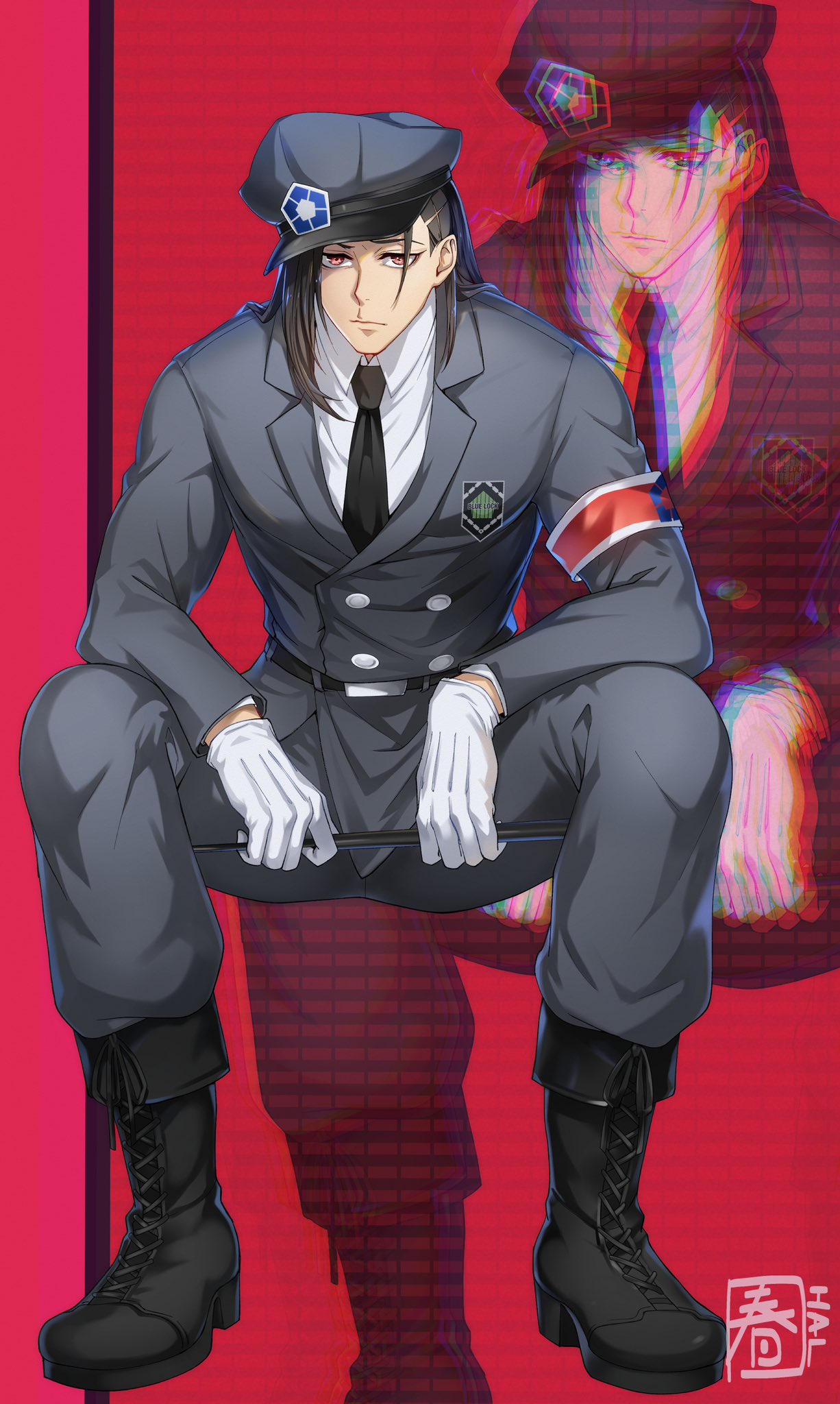 1boy armband barou_shouei belt black_belt black_hair black_necktie blue_lock boots buttons closed_mouth collared_shirt gloves grey_headwear hair_down halu-ca hat highres holding lapels long_hair long_sleeves male_focus military military_hat military_uniform necktie notched_lapels red_eyes shirt shoelaces signature sitting solo uniform white_gloves